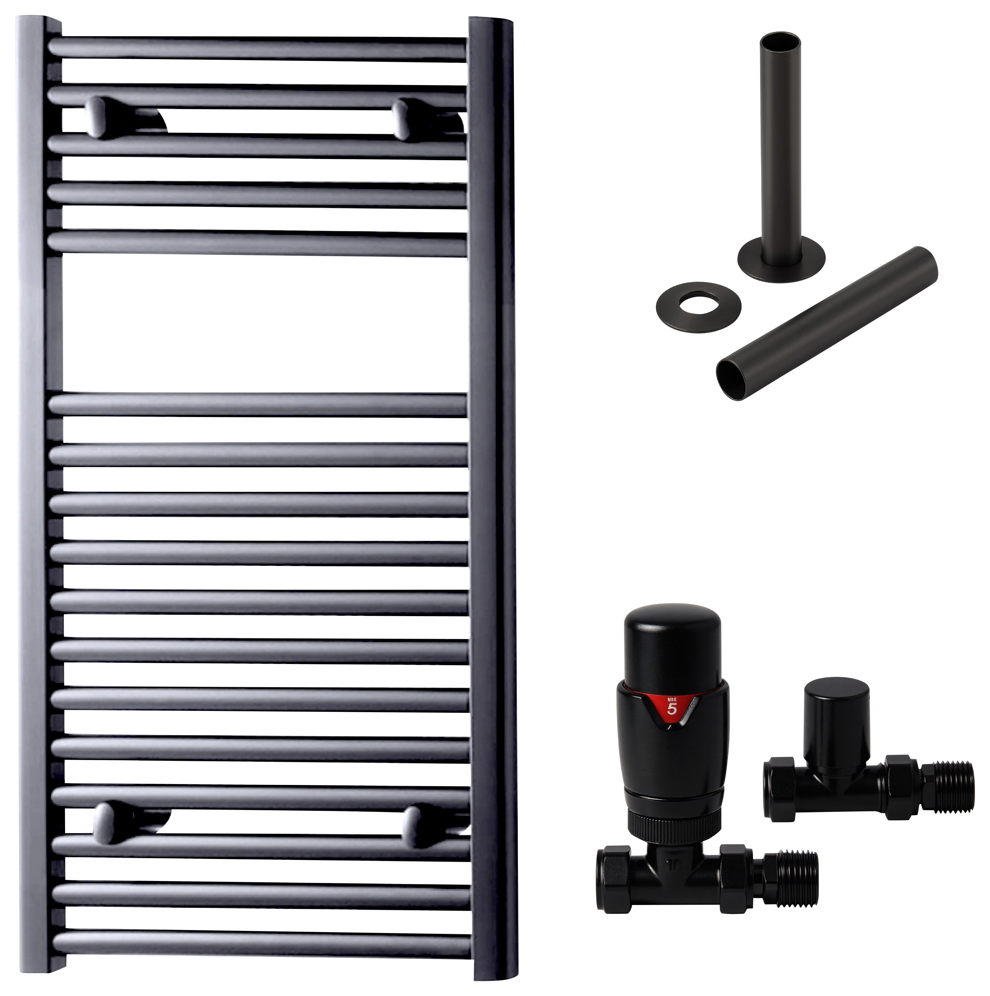 Towelrads Pisa 1500 x 500mm Brushed Black Designer Towel Radiator with Straight TRV & Pipe Sleeve