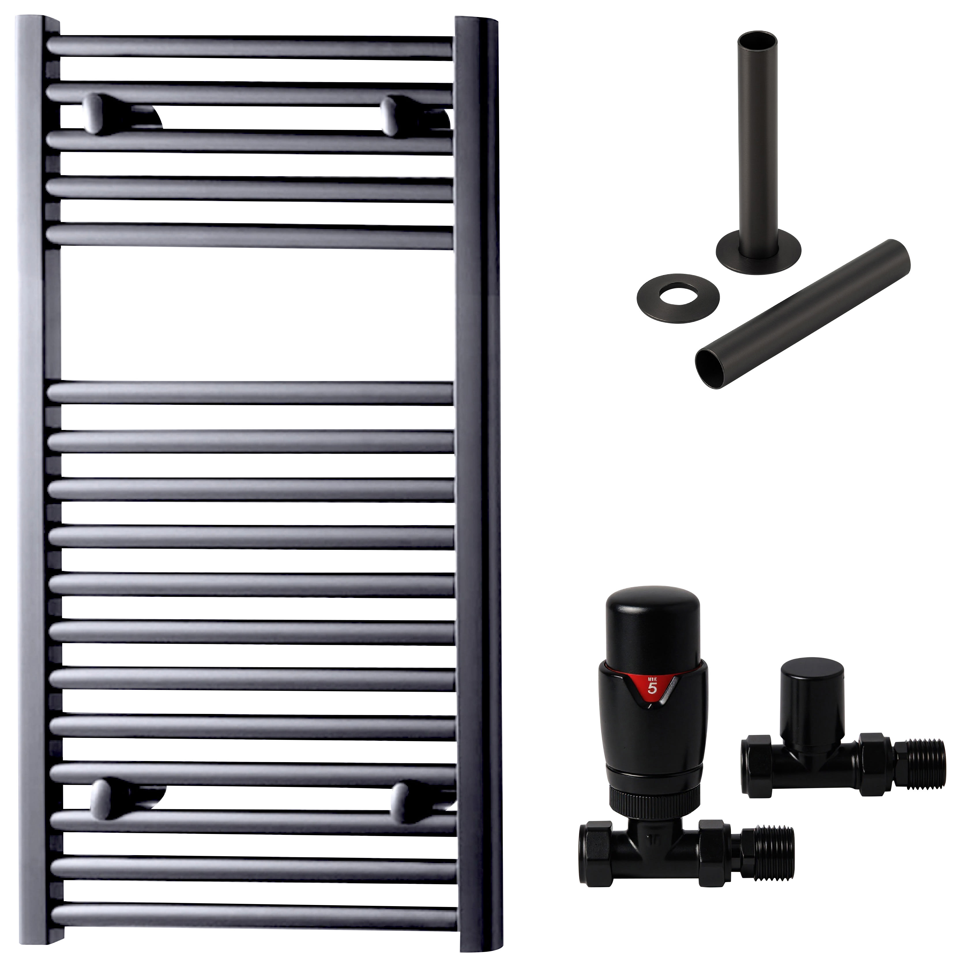 Towelrads Pisa 1500 x 500mm Brushed Black Designer Towel Radiator with Straight TRV & Pipe Sleeve