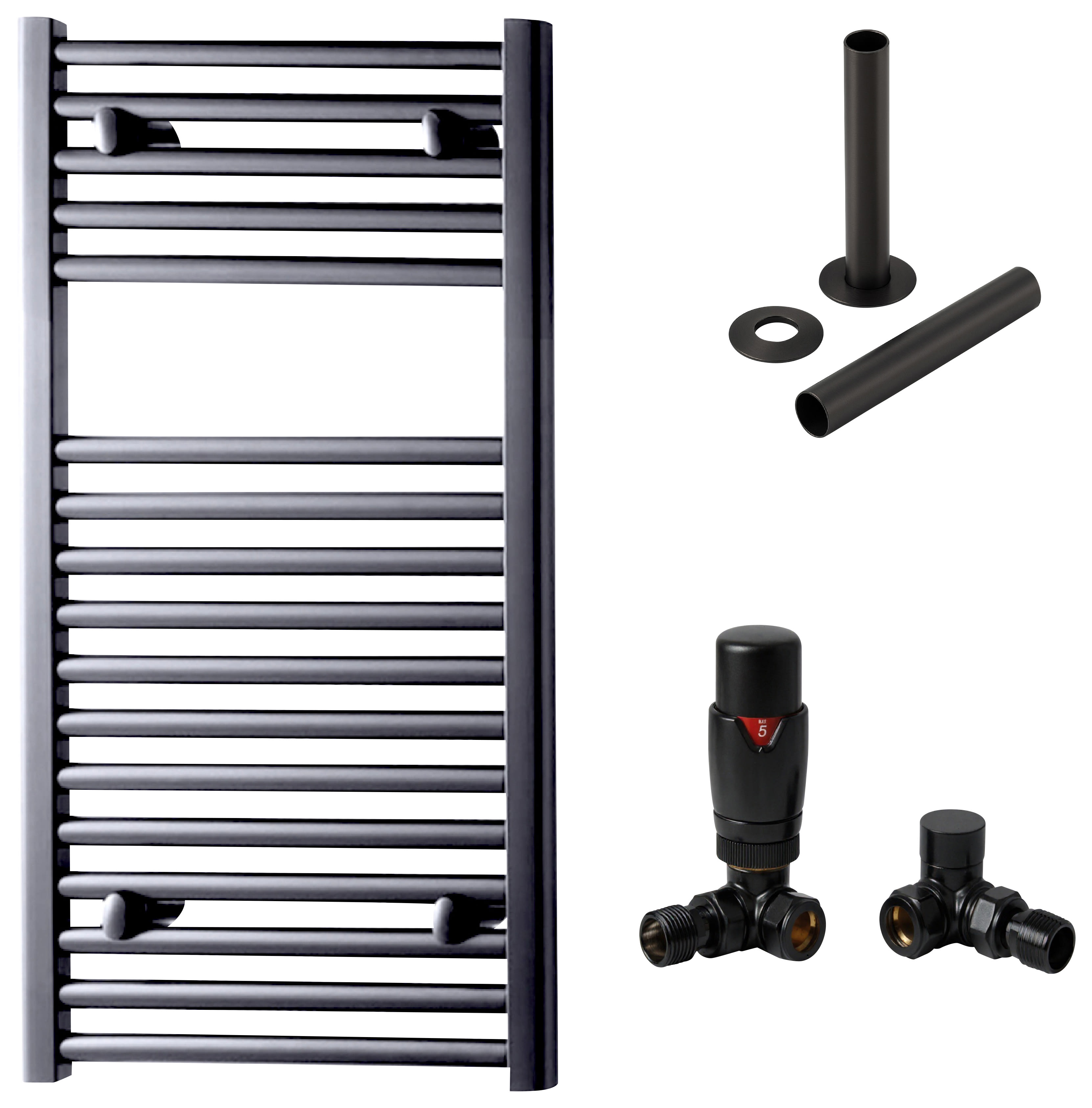 Towelrads Pisa 1500 x 500mm Brushed Black Designer Towel Radiator with Corner TRV & Pipe Sleeve