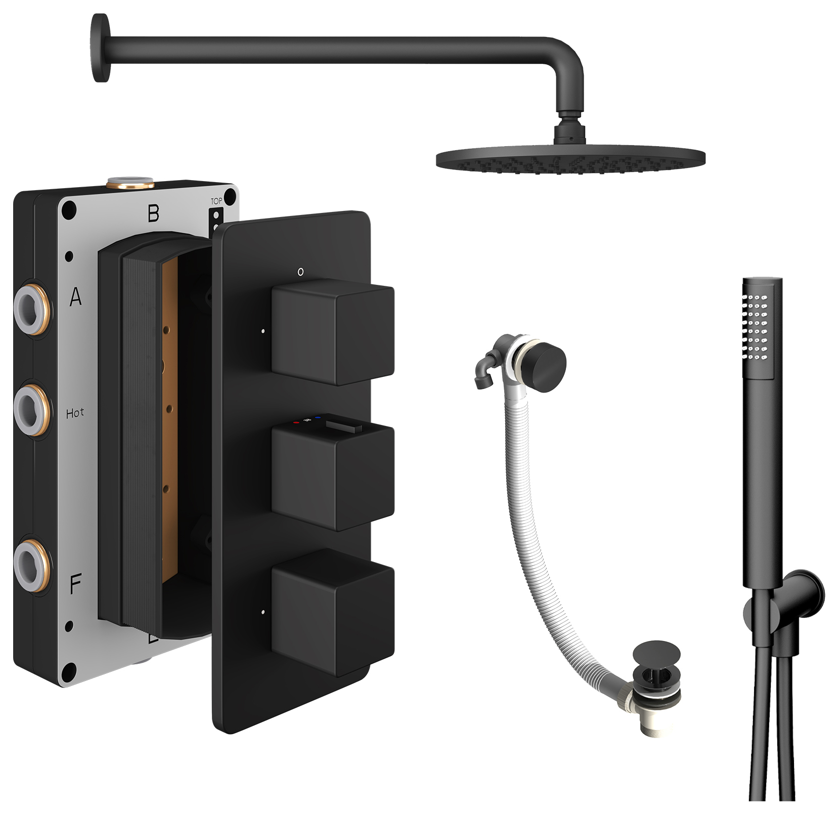 Hadleigh Recessed 3 Outlet Square Mixer Shower Includes Shower Valve, Shower Head, Shower Handset & Bath Waste - Matt Black
