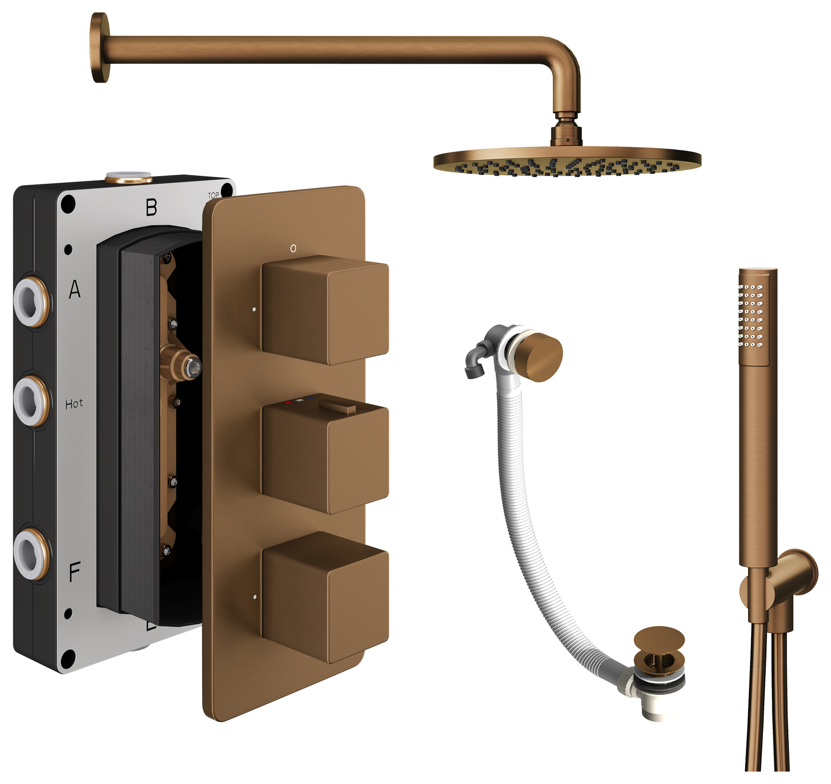 Hadleigh Recessed 3 Outlet Square Mixer Shower Includes Shower Valve, Shower Head, Shower Handset & Bath Waste - Brushed Bronze