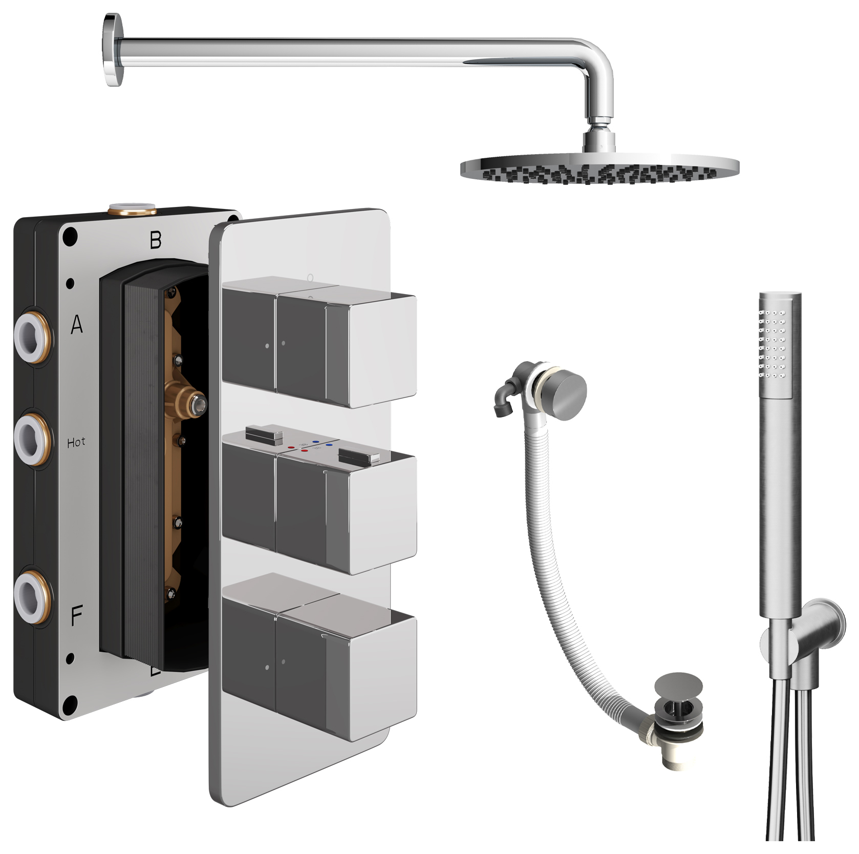 Hadleigh Recessed 3 Outlet Square Mixer Shower Includes Shower Valve, Shower Head, Shower Handset & Bath Waste - Chrome