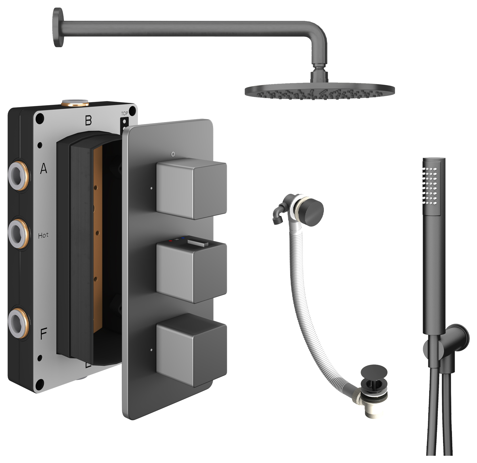 Hadleigh Recessed 3 Outlet Square Mixer Shower Includes Shower Valve, Shower Head, Shower Handset & Bath Waste - Matt Anthracite