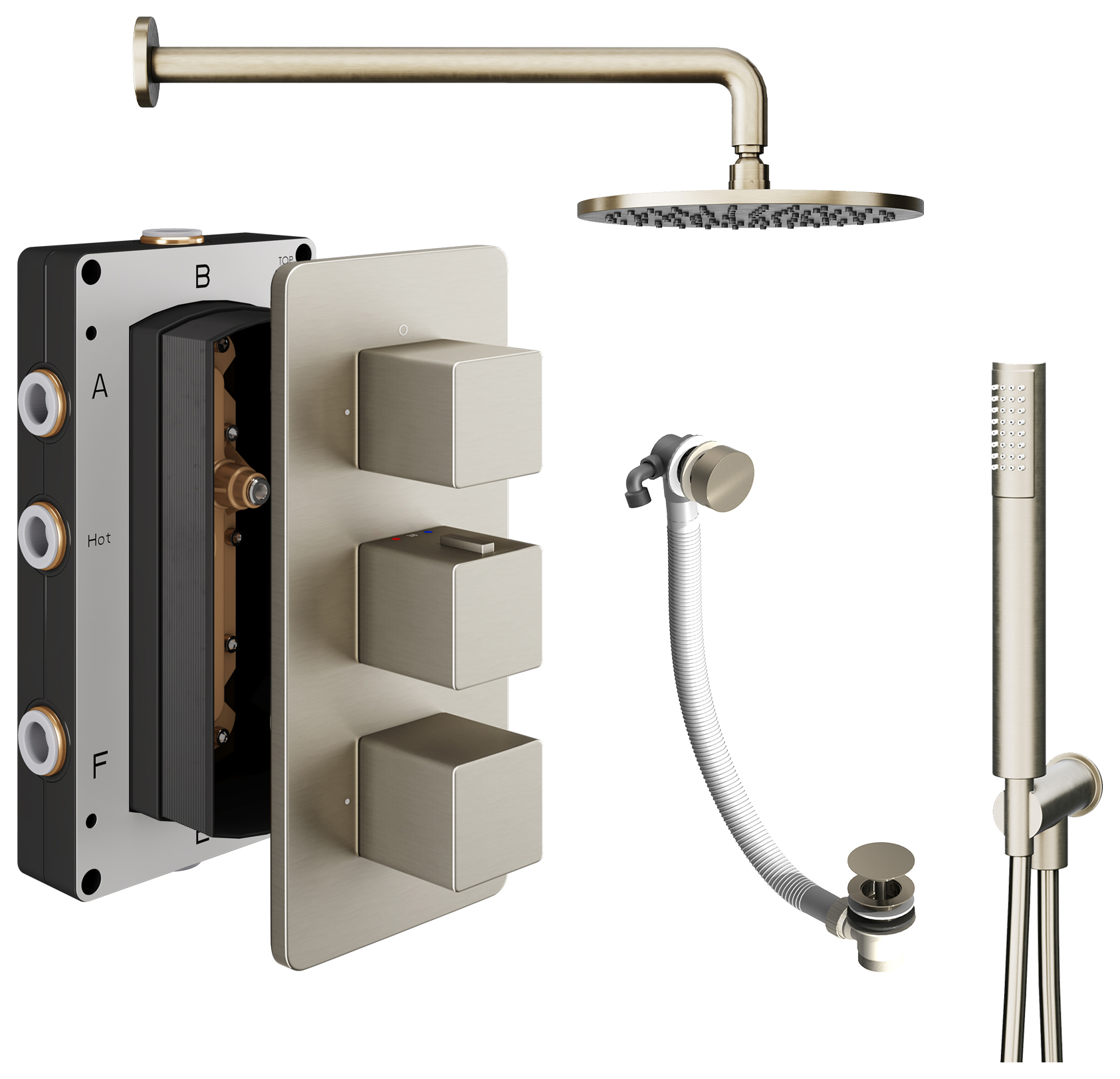 Hadleigh Recessed 3 Outlet Square Mixer Shower Includes Shower Valve, Shower Head, Shower Handset & Bath Waste - Brushed Nickel