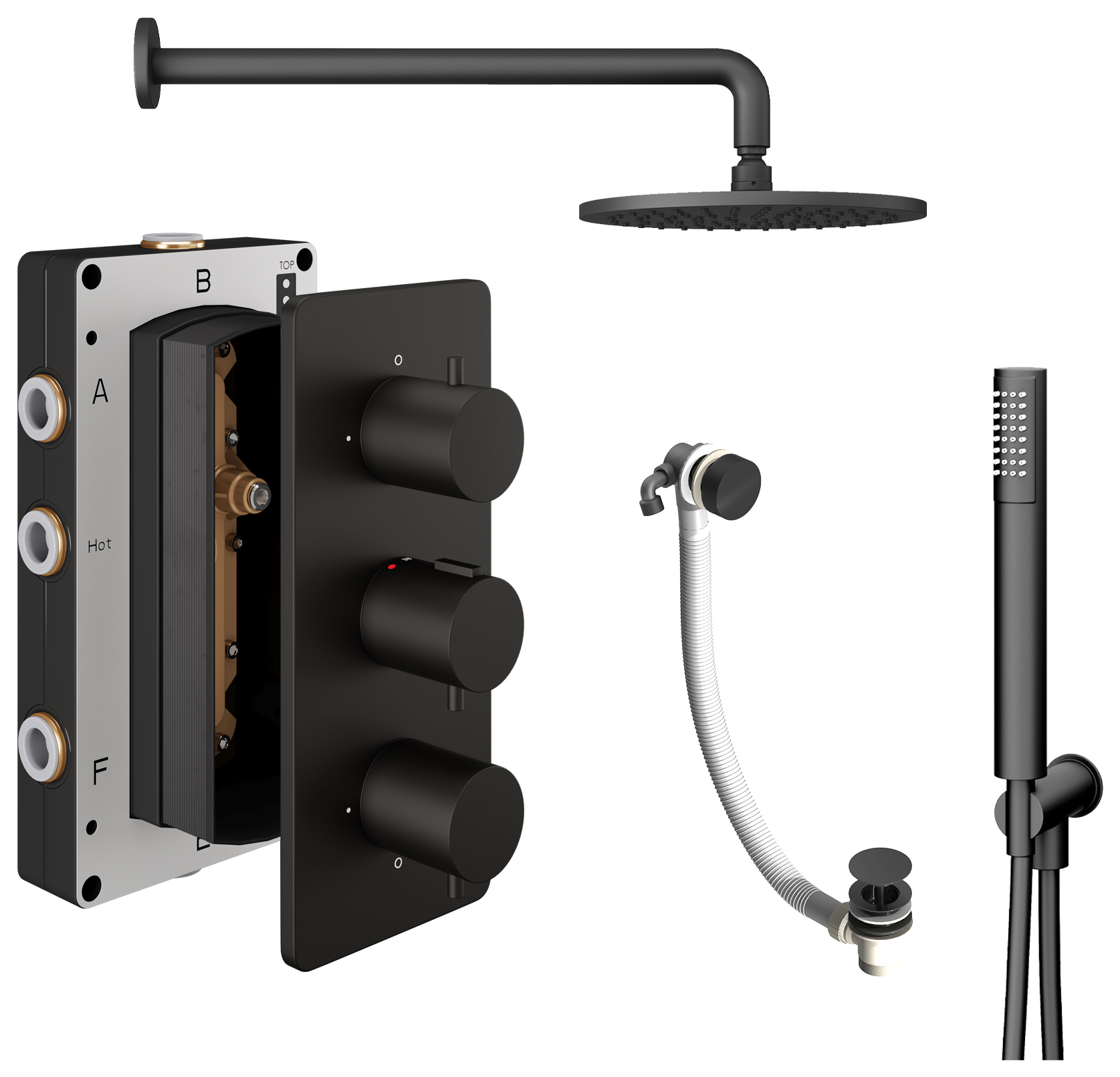 Hadleigh Recessed 3 Outlet Round Mixer Shower Includes Shower Valve, Shower Head, Shower Handset & Bath Waste - Matt Black