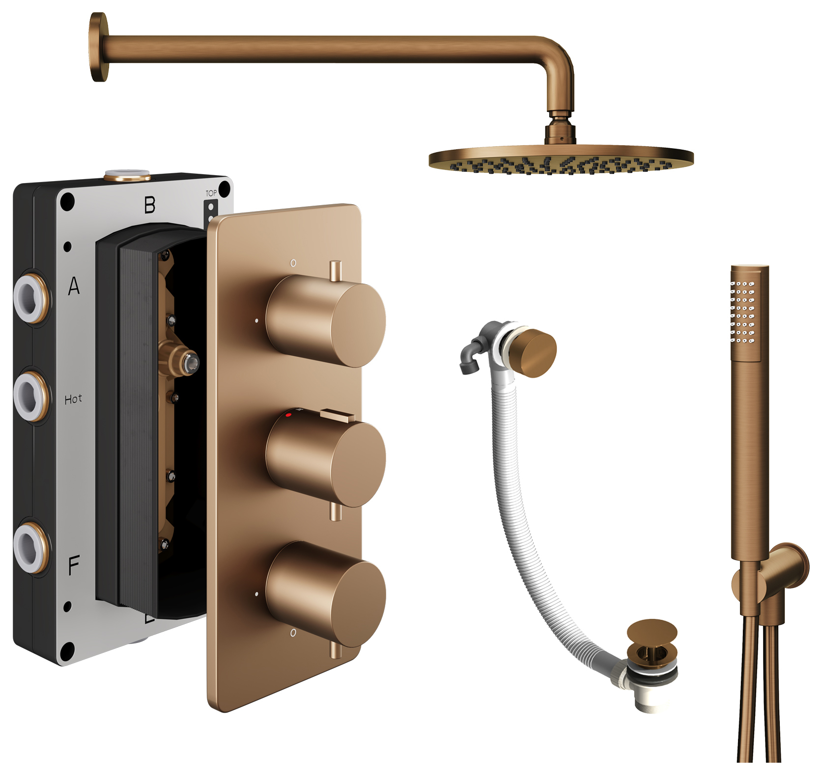 Hadleigh Recessed 3 Outlet Round Mixer Shower Includes Shower Valve, Shower Head, Shower Handset & Bath Waste - Brushed Bronze