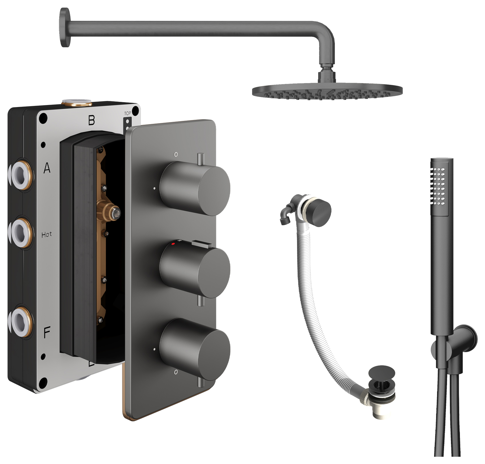 Hadleigh Recessed 3 Outlet Round Mixer Shower Includes Shower Valve, Shower Head, Shower Handset & Bath Waste - Matt Anthracite
