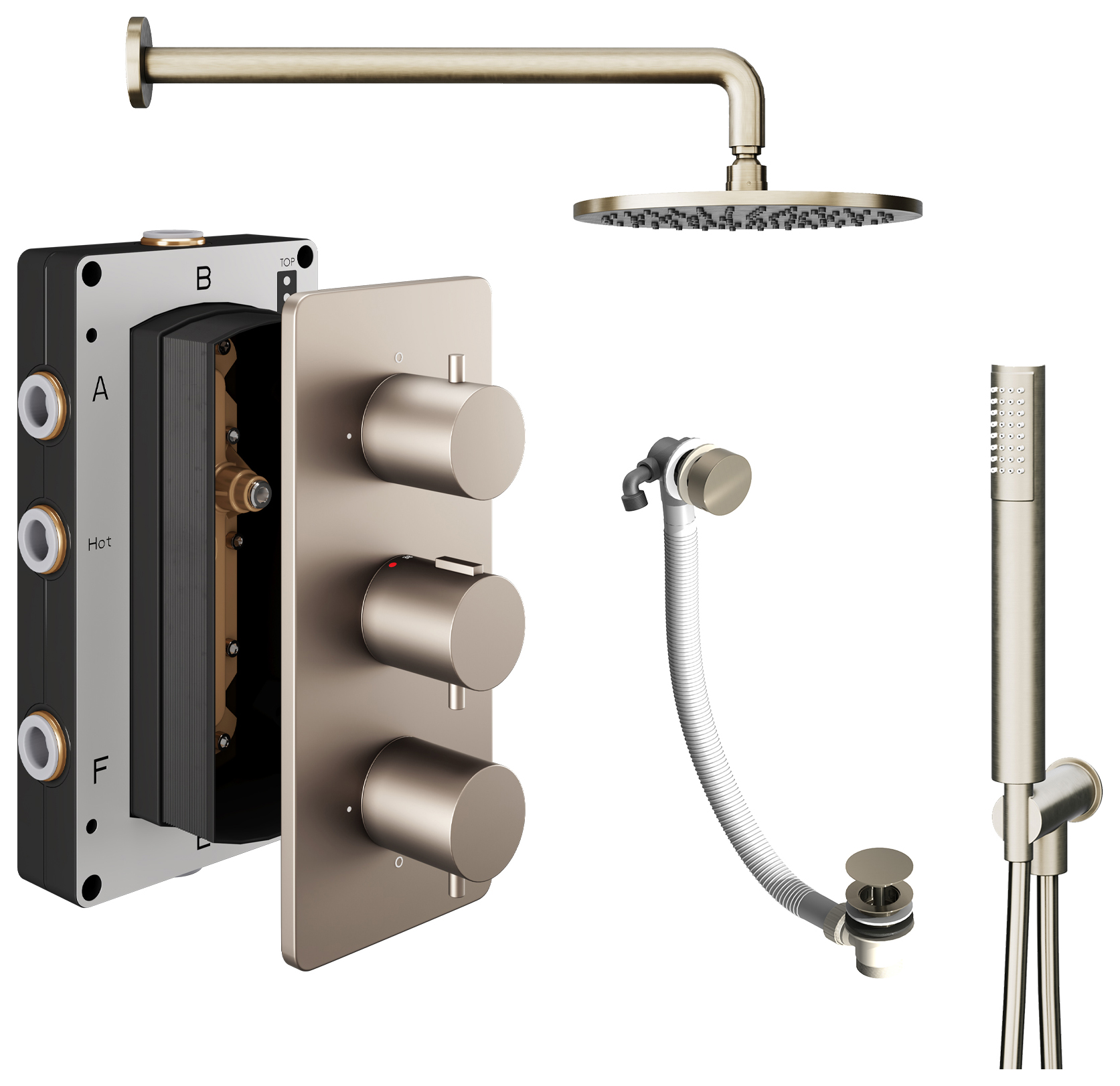 Hadleigh Recessed 3 Outlet Round Mixer Shower Includes Shower Valve, Shower Head, Shower Handset & Bath Waste - Brushed Nickel