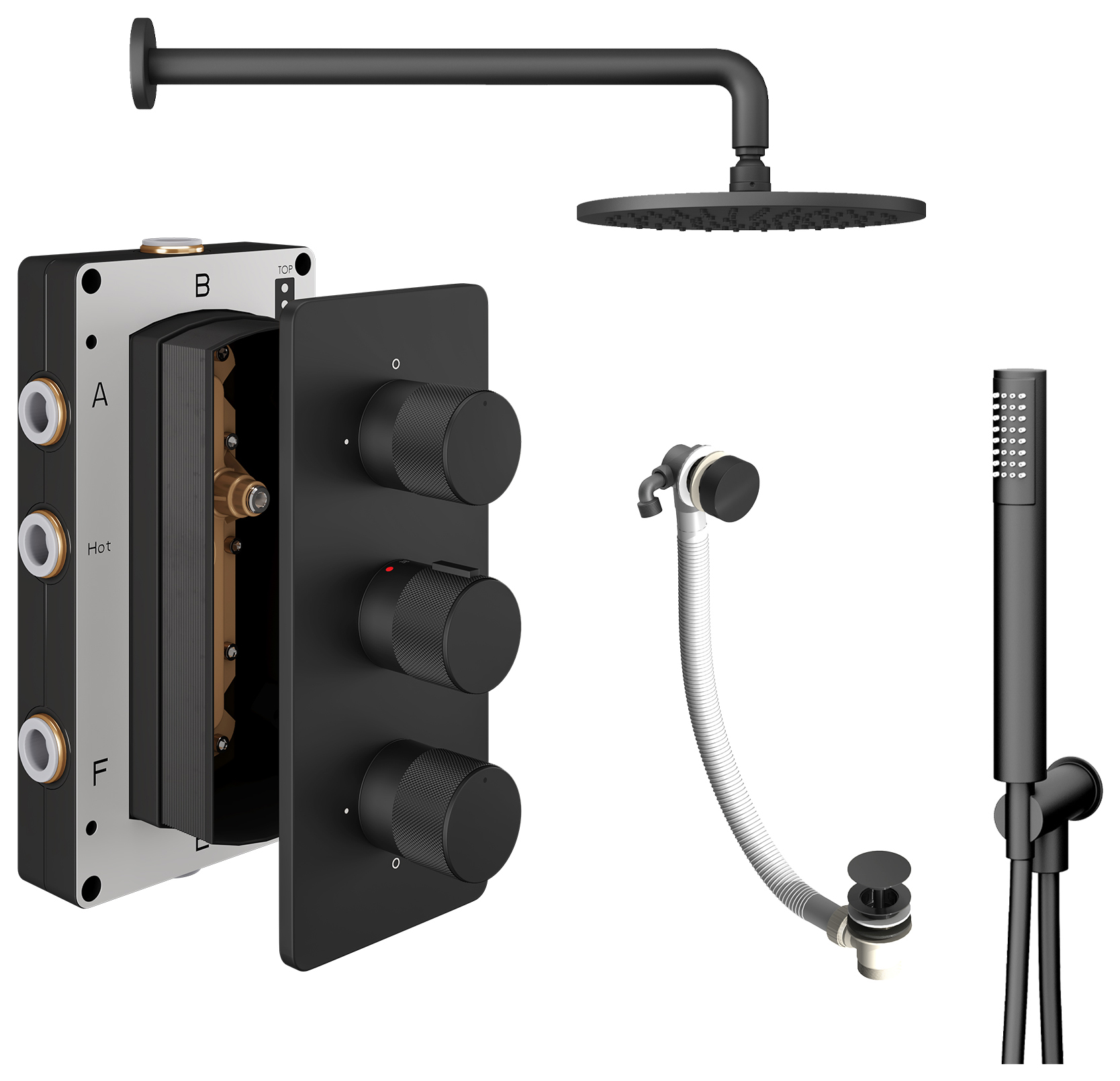 Melbury Pro Recessed 3 Outlet Round Mixer Shower Includes Shower Valve, Shower Head, Shower Handset & Bath Waste - Matt Black