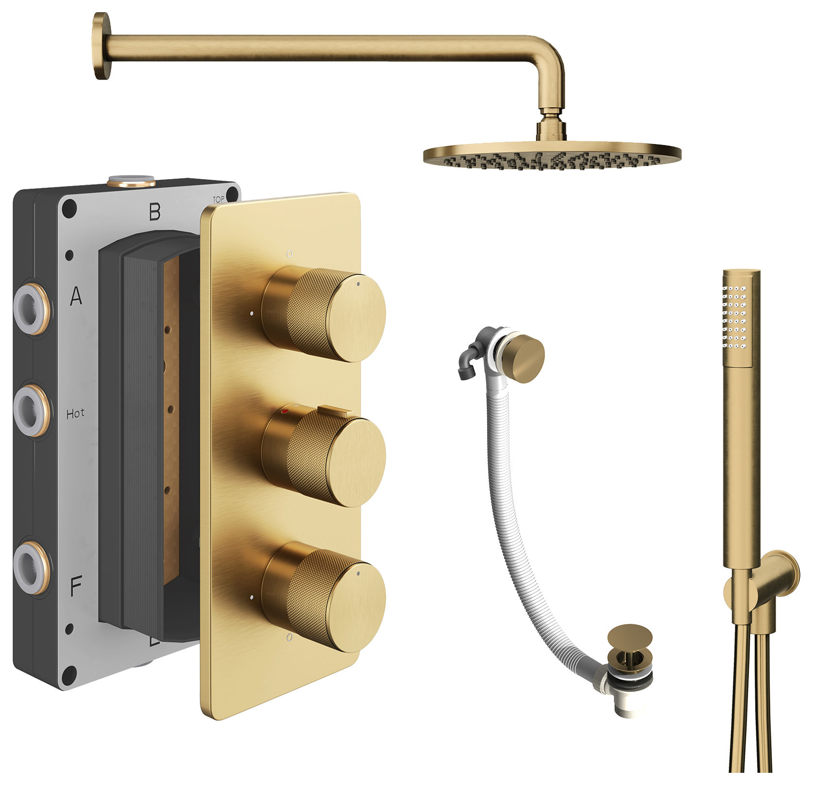 Melbury Pro Recessed 3 Outlet Round Mixer Shower Includes Shower Valve, Shower Head, Shower Handset & Bath Waste - Brushed Brass