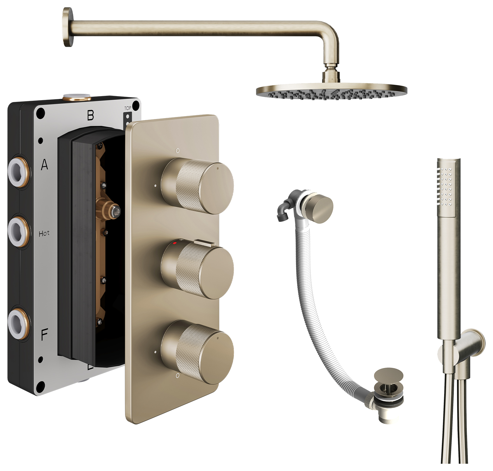 Melbury Pro Recessed 3 Outlet Round Mixer Shower Includes Shower Valve, Shower Head, Shower Handset & Bath Waste - Brushed Nickel