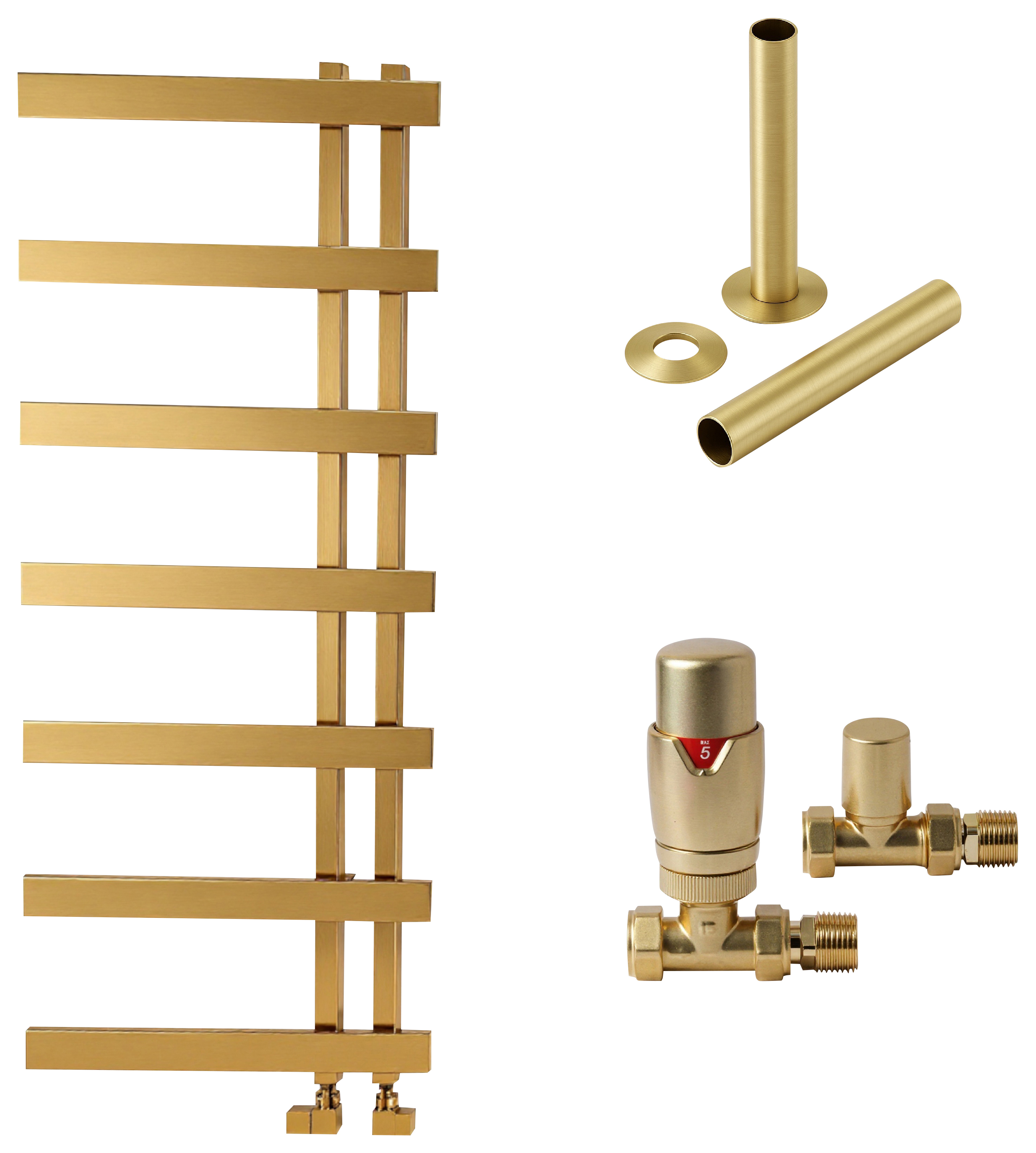 Towelrads Horton 1200 x 500mm Brushed Brass Towel Radiator With Straight TRV and Pipe Sleeve