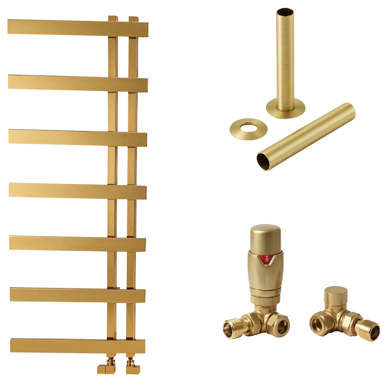 Towelrads Horton 1200 x 500mm Brushed Brass Towel Radiator With Corner TRV and Pipe Sleeve