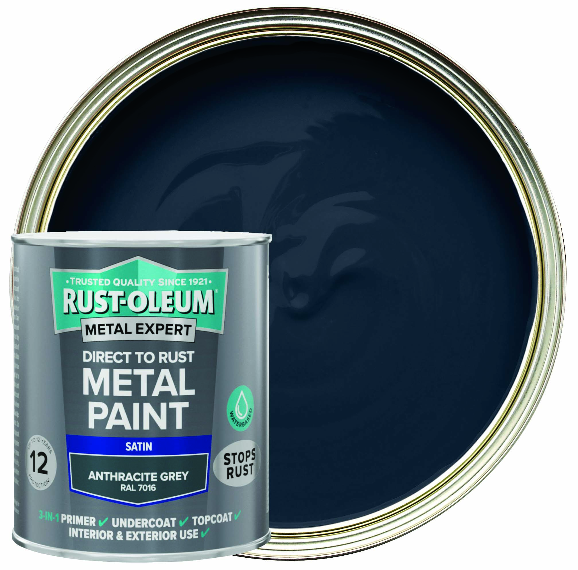 Rust-Oleum Metal Expert Water-Based Direct To Rust Satin Paint - Anthracite - 750ml