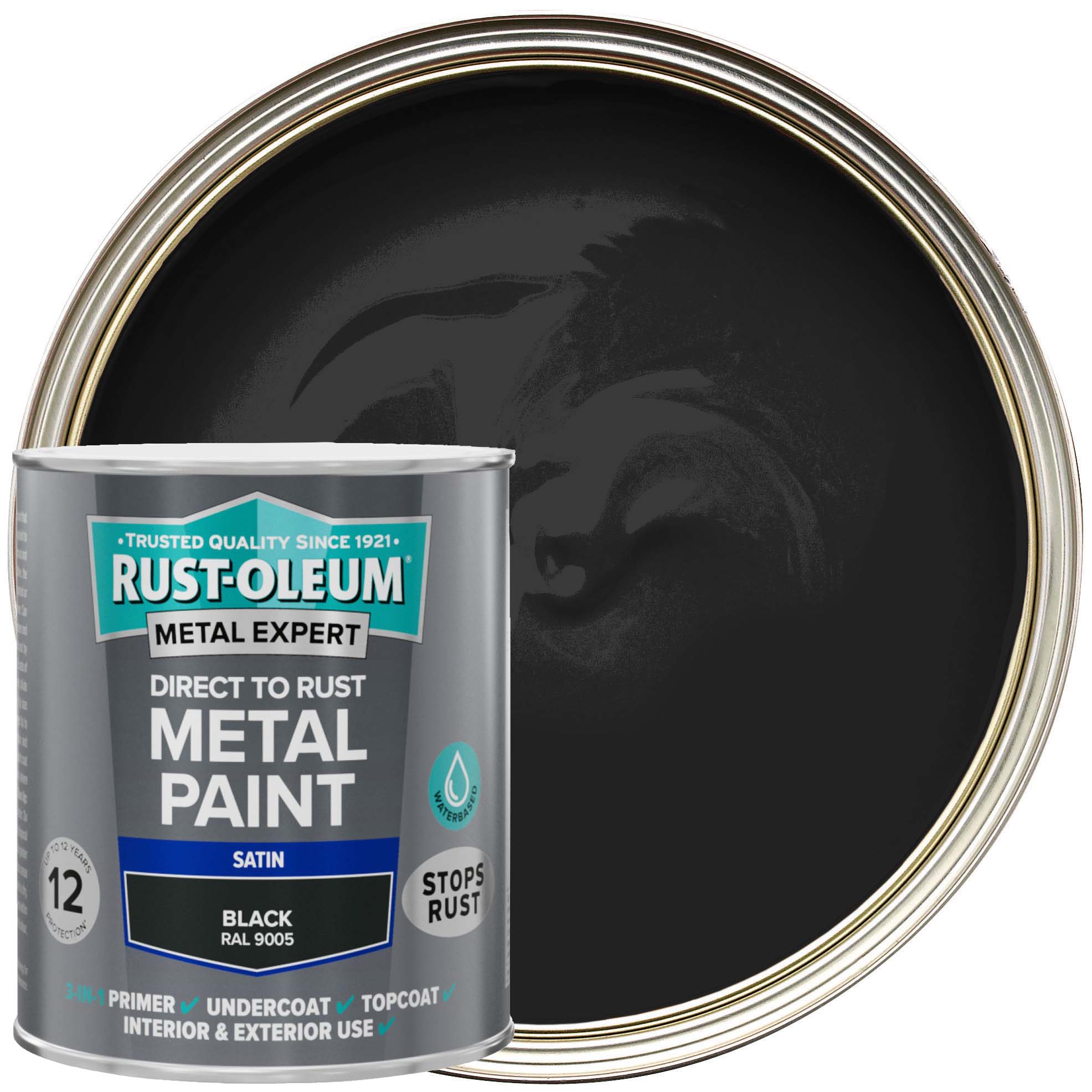 Rust-Oleum Metal Expert Water-Based Direct To Rust Satin Paint - Black - 750ml