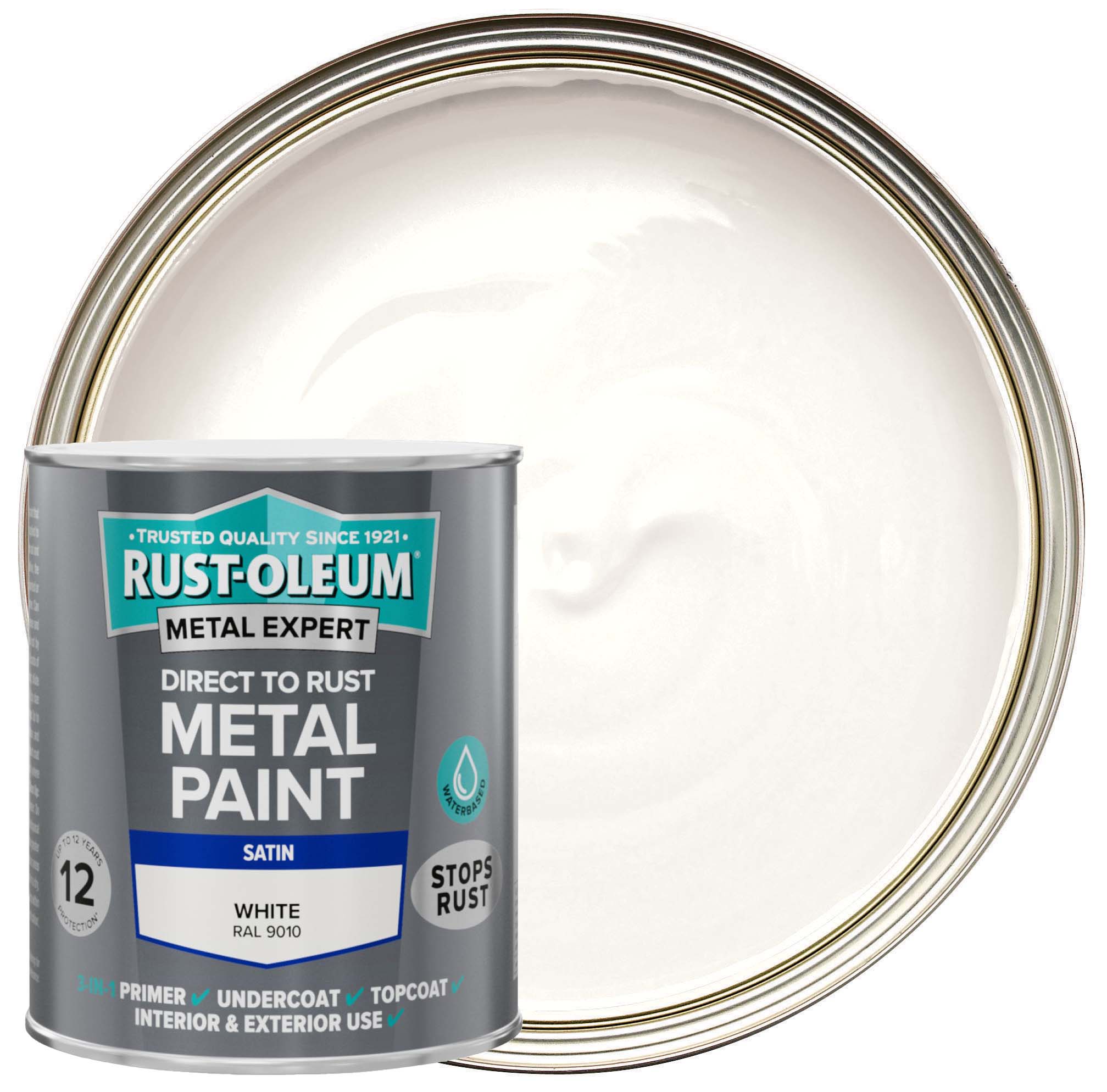 Rust-Oleum Metal Expert Water-Based Direct To Rust Satin Paint - White- 750ml