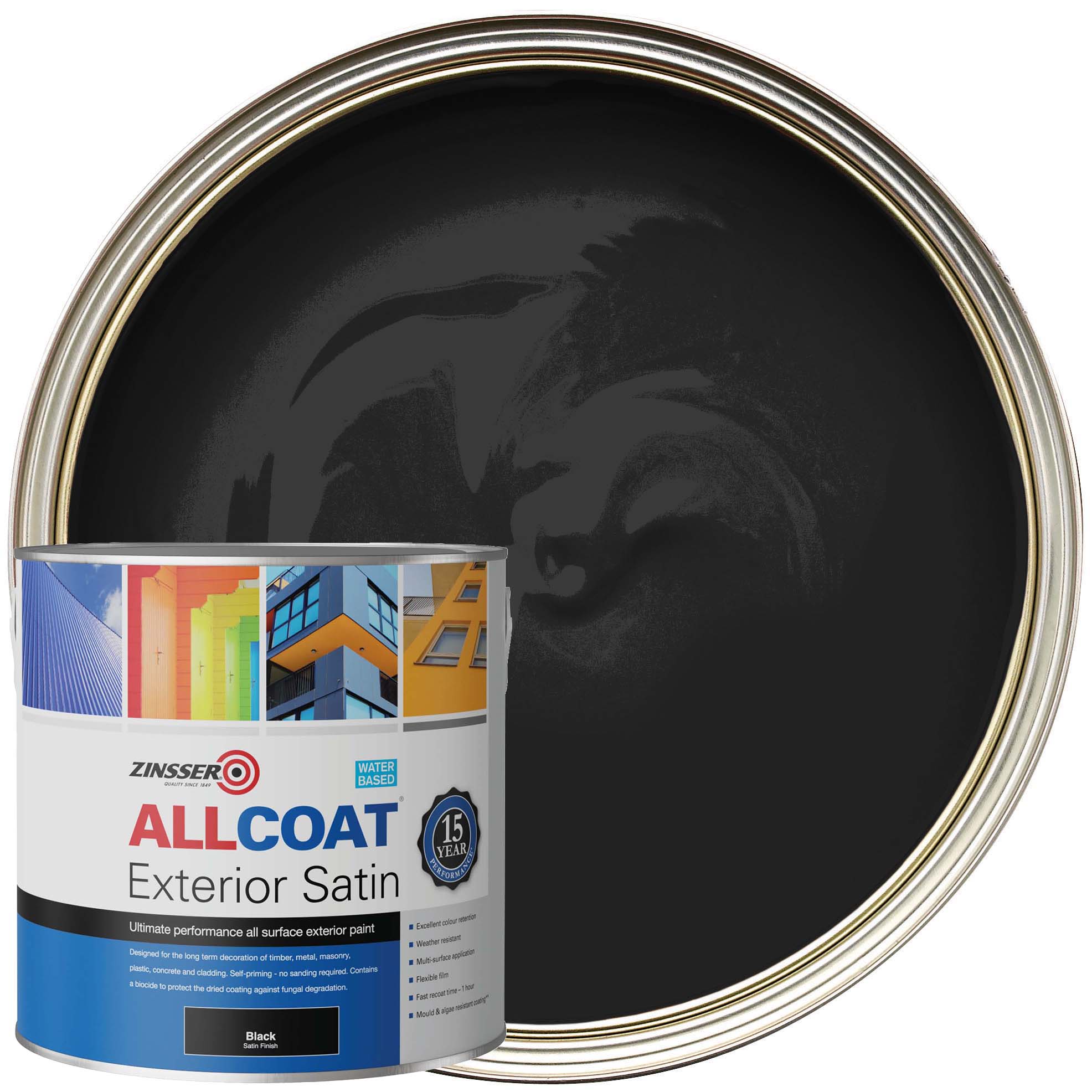 Zinsser Allcoat Exterior Water Based Satin Paint - Black - 1L