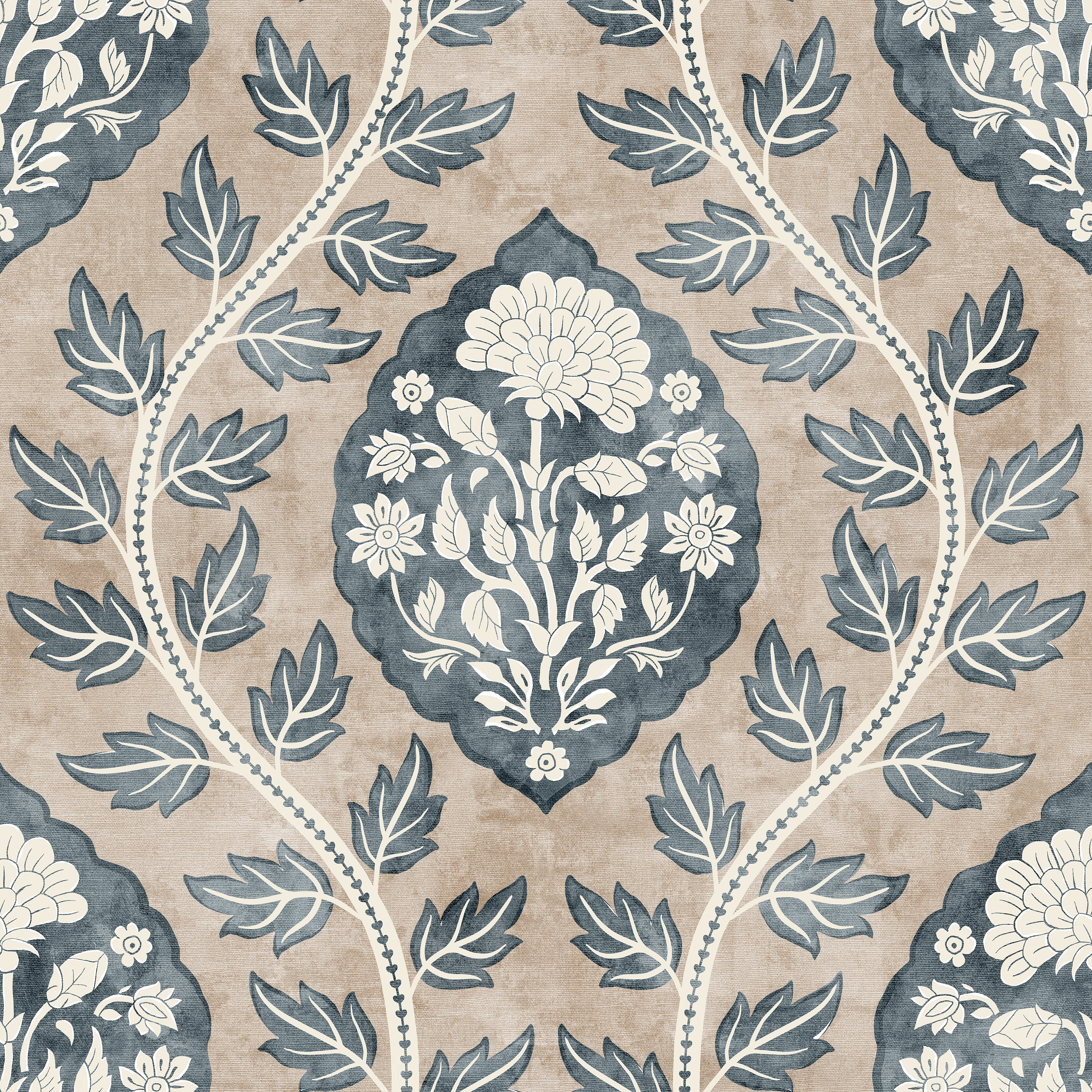Esselle Home Floral Cartouche Stone Blue Wallpaper
