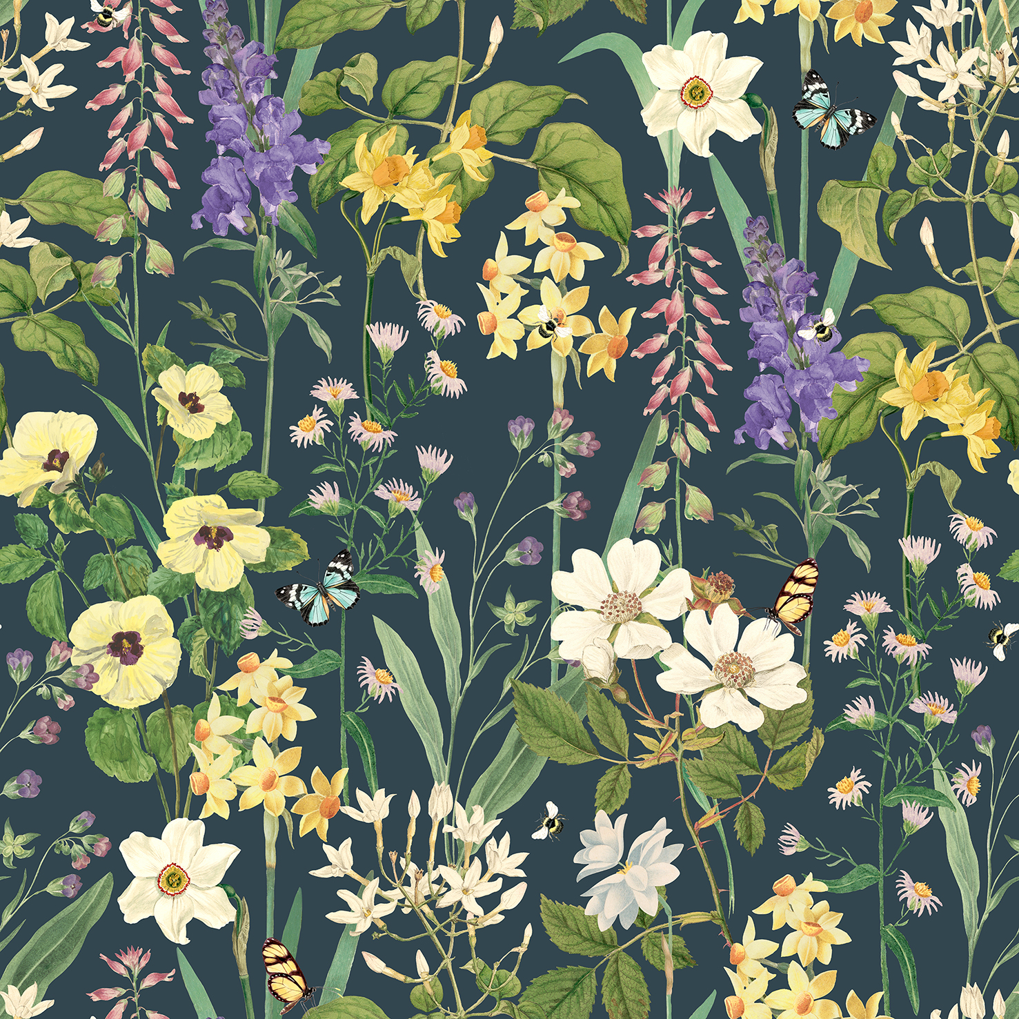 RHS Flower Medley Navy Wallpaper