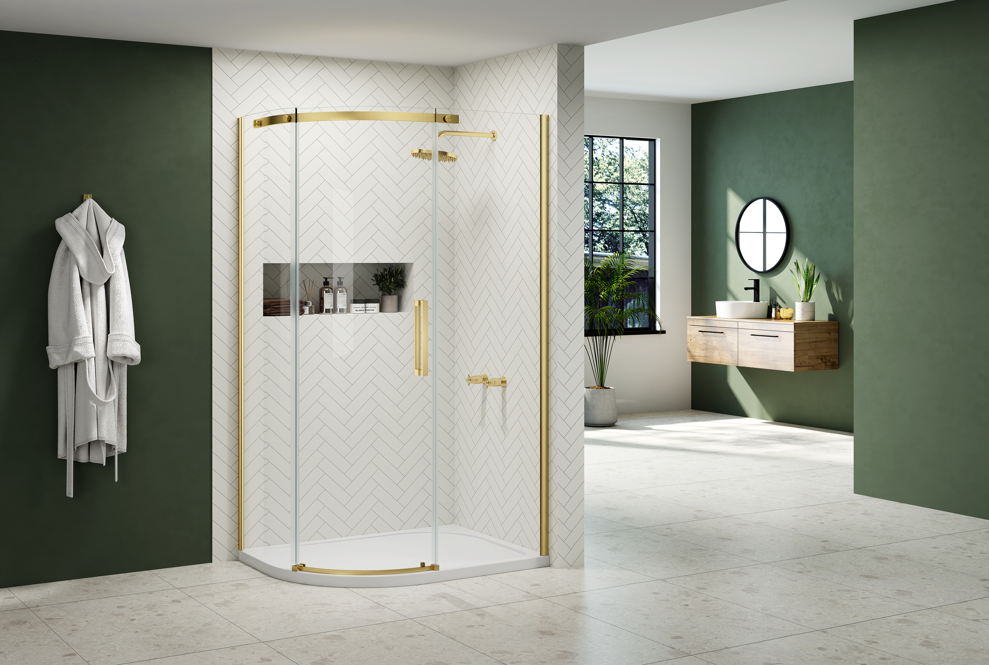 Nexa by MERLYN 8mm Brushed Brass Frameless Offset Quadrant Single Sliding Door Right Hand Shower Enclosure - 1200 x 900mm
