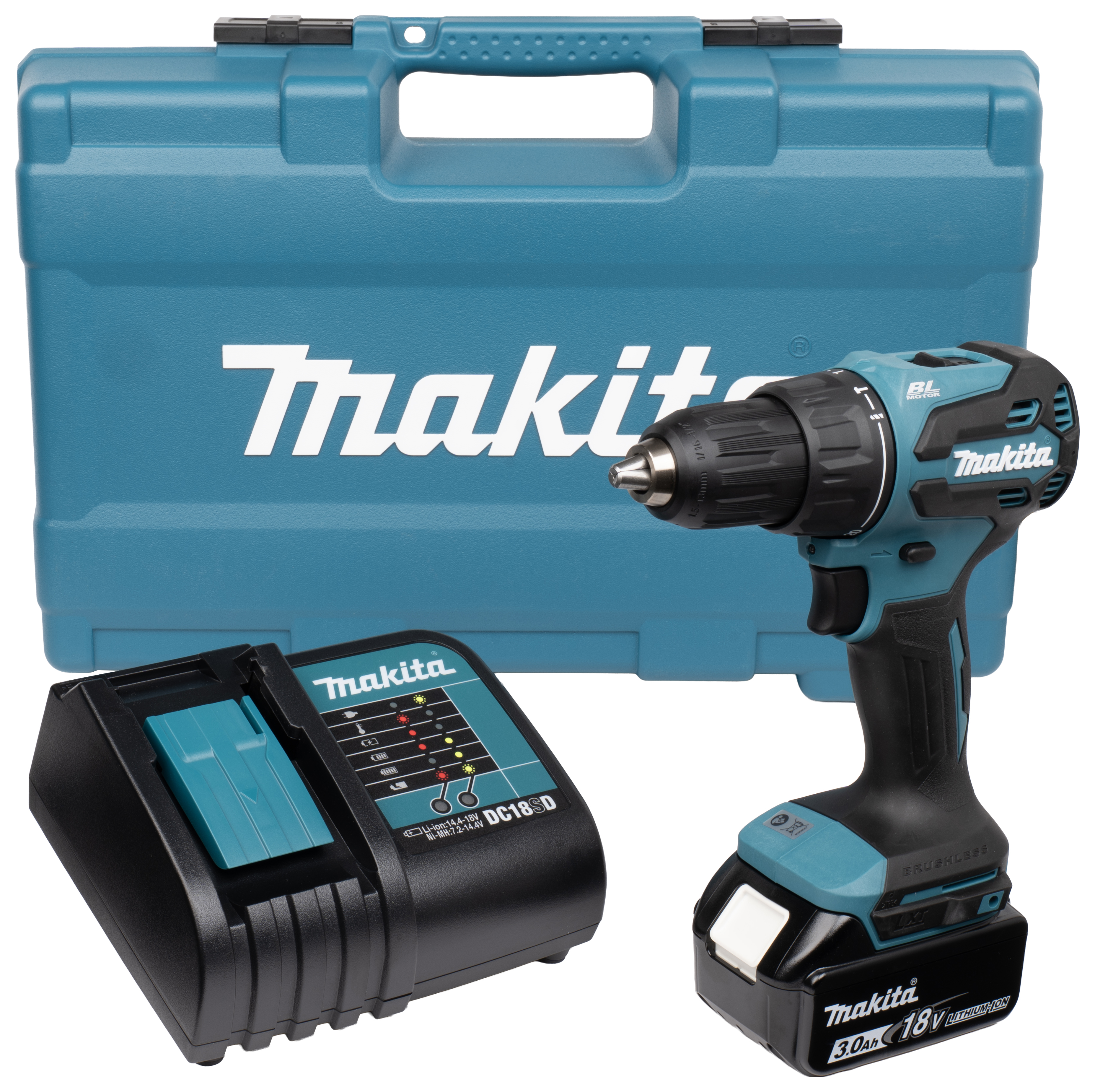 Makita DHP490SFX2 18V Cordless Brushless Combi Drill 1 x 3.0Ah & 101 Piece Bit Set
