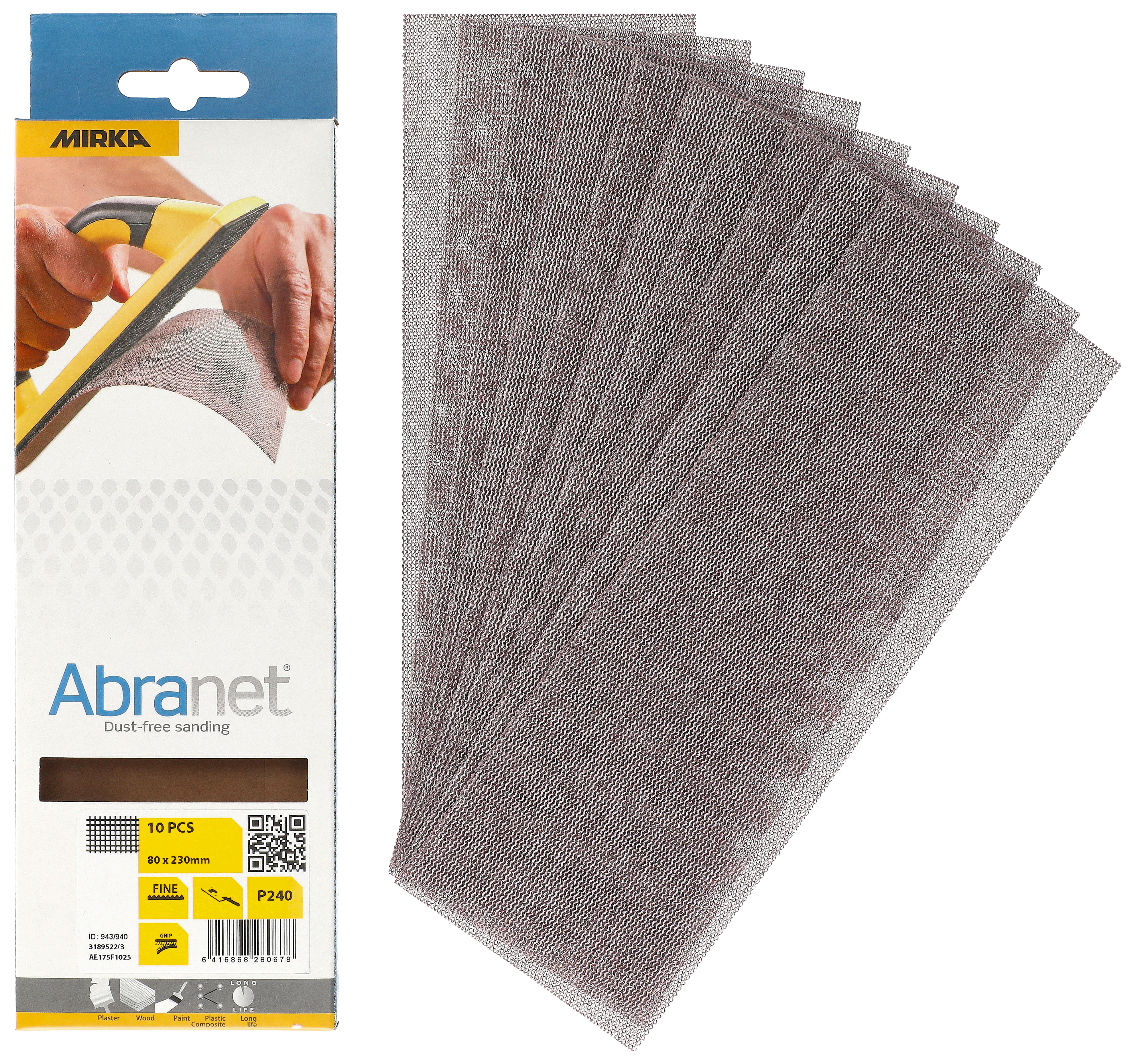 Mirka Abranet 80x230mm Grip P240 Sanding Sheets - Pack of 10