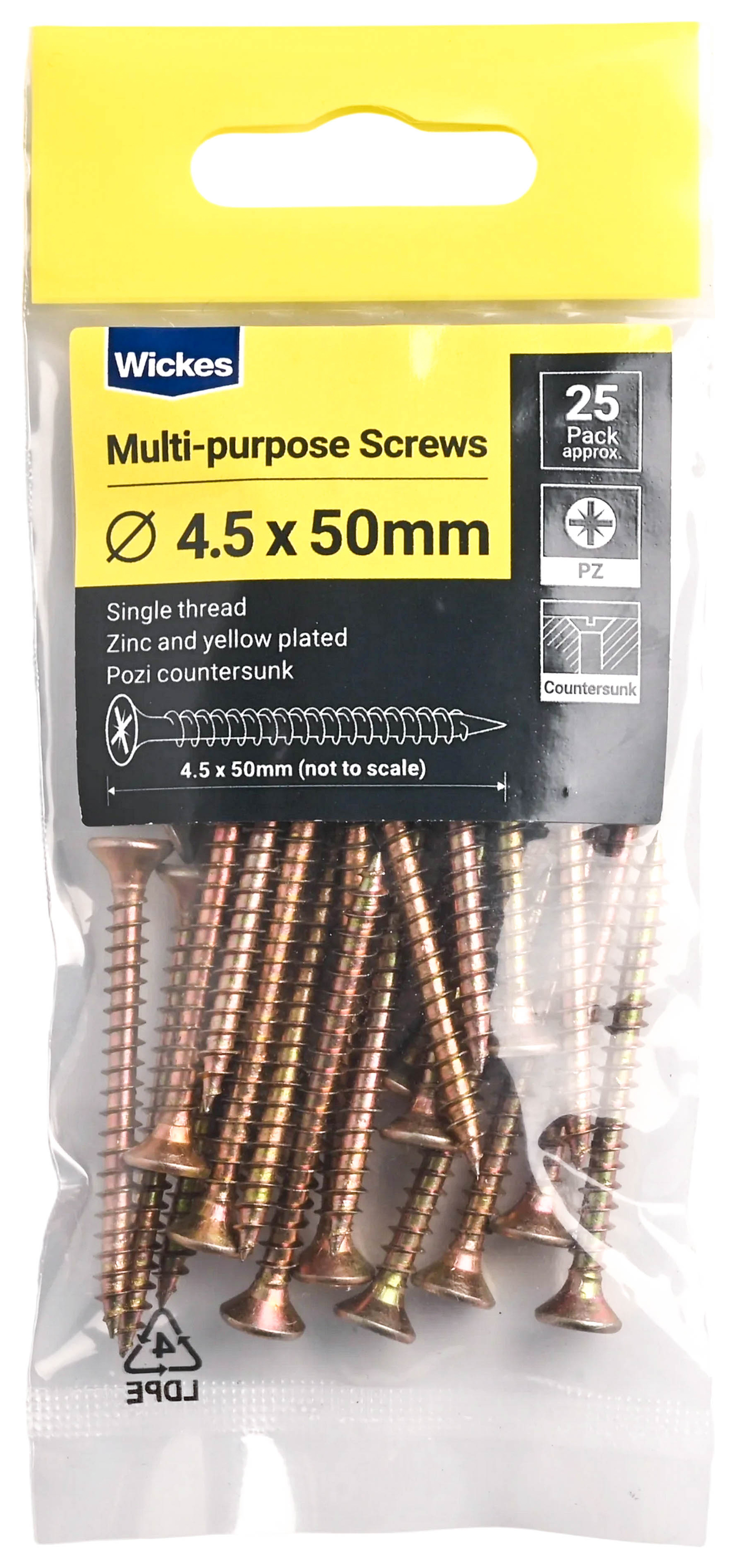 Wickes Single Thread Zinc & Yellow - 4.5 x 50mm - Pack of 25