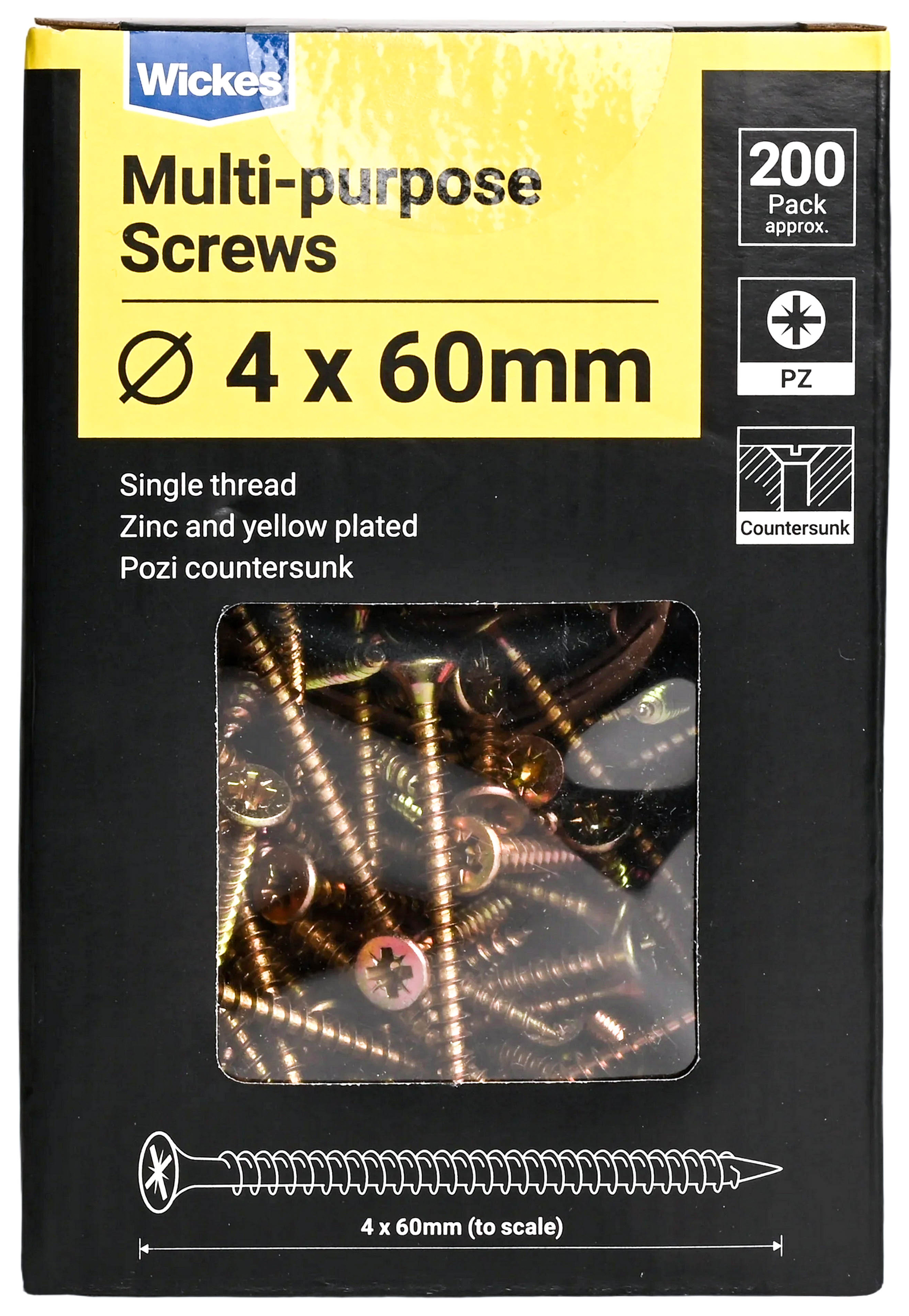 Wickes Single Thread Zinc & Yellow - 4 x 60mm - Pack of 200