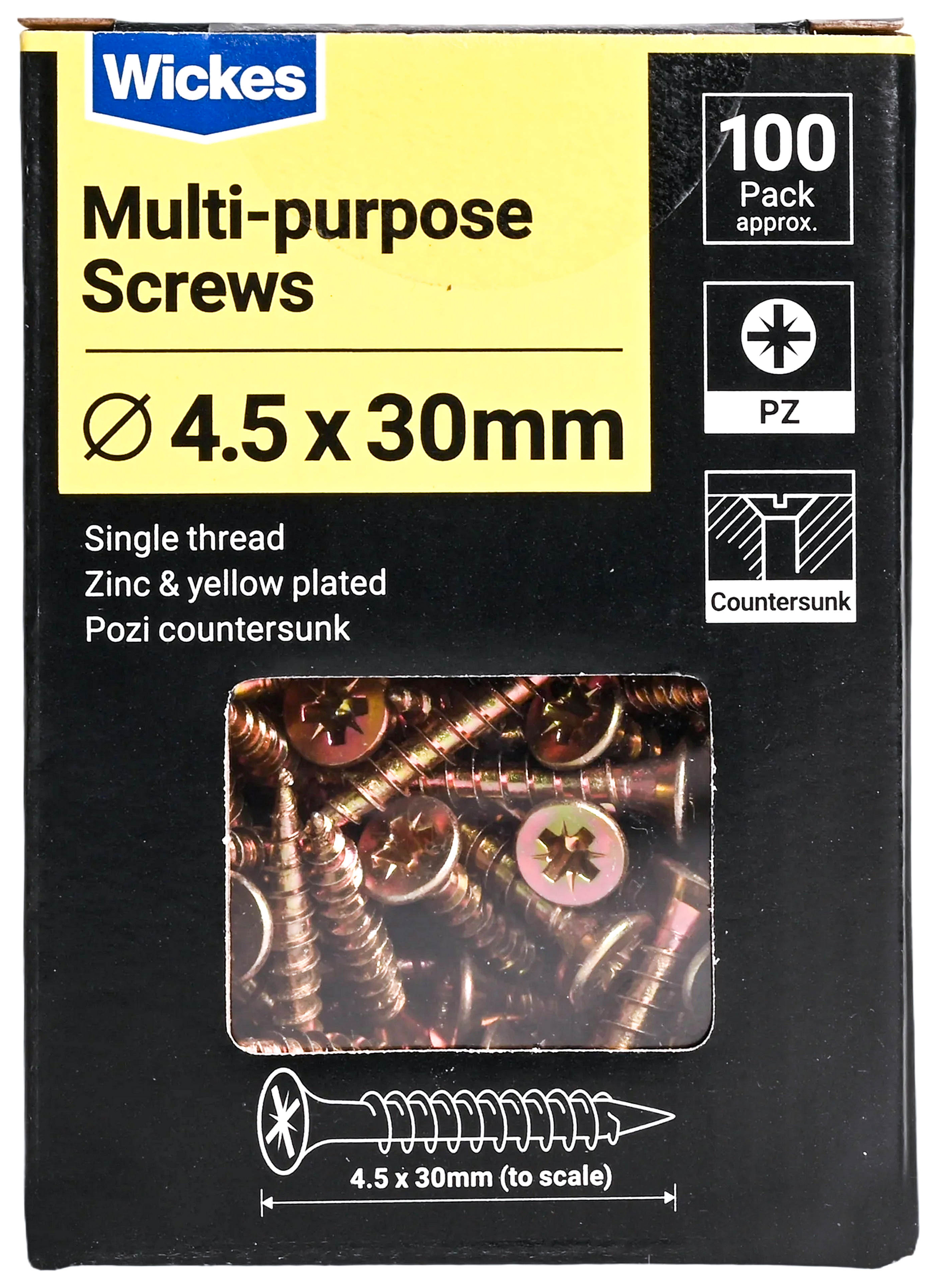 Wickes Single Thread Zinc & Yellow - 4.5 x 30mm - Pack of 100