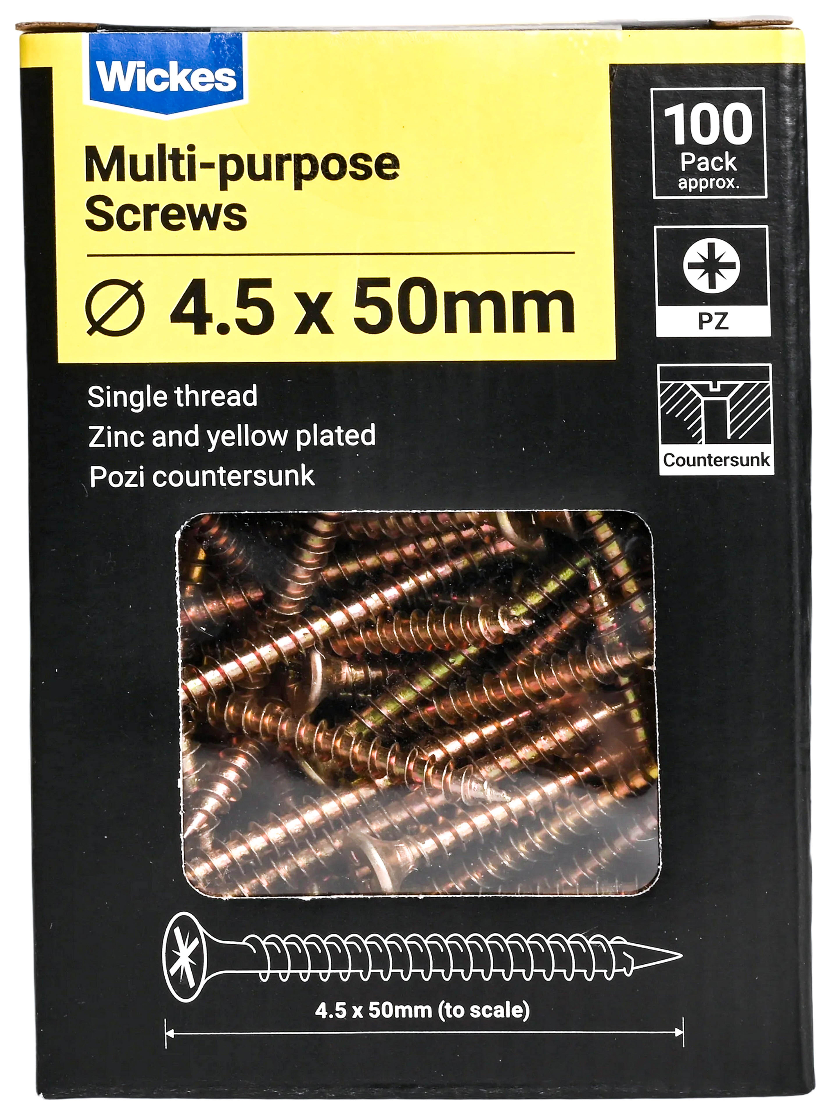 Wickes Single Thread Zinc & Yellow - 4.5 x 50mm - Pack of 100
