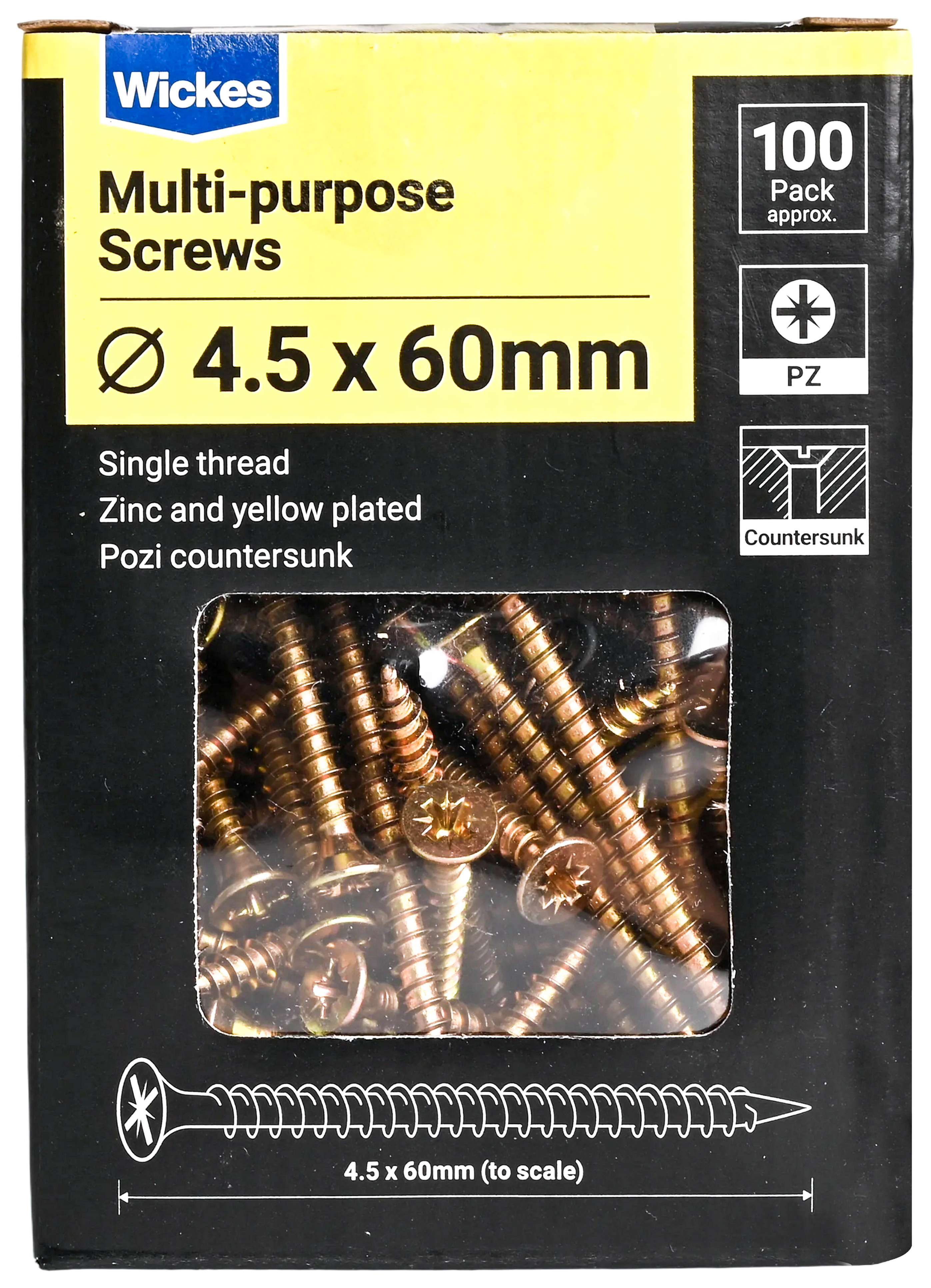 Wickes Single Thread Zinc & Yellow - 4.5 x 60mm - Pack of 100