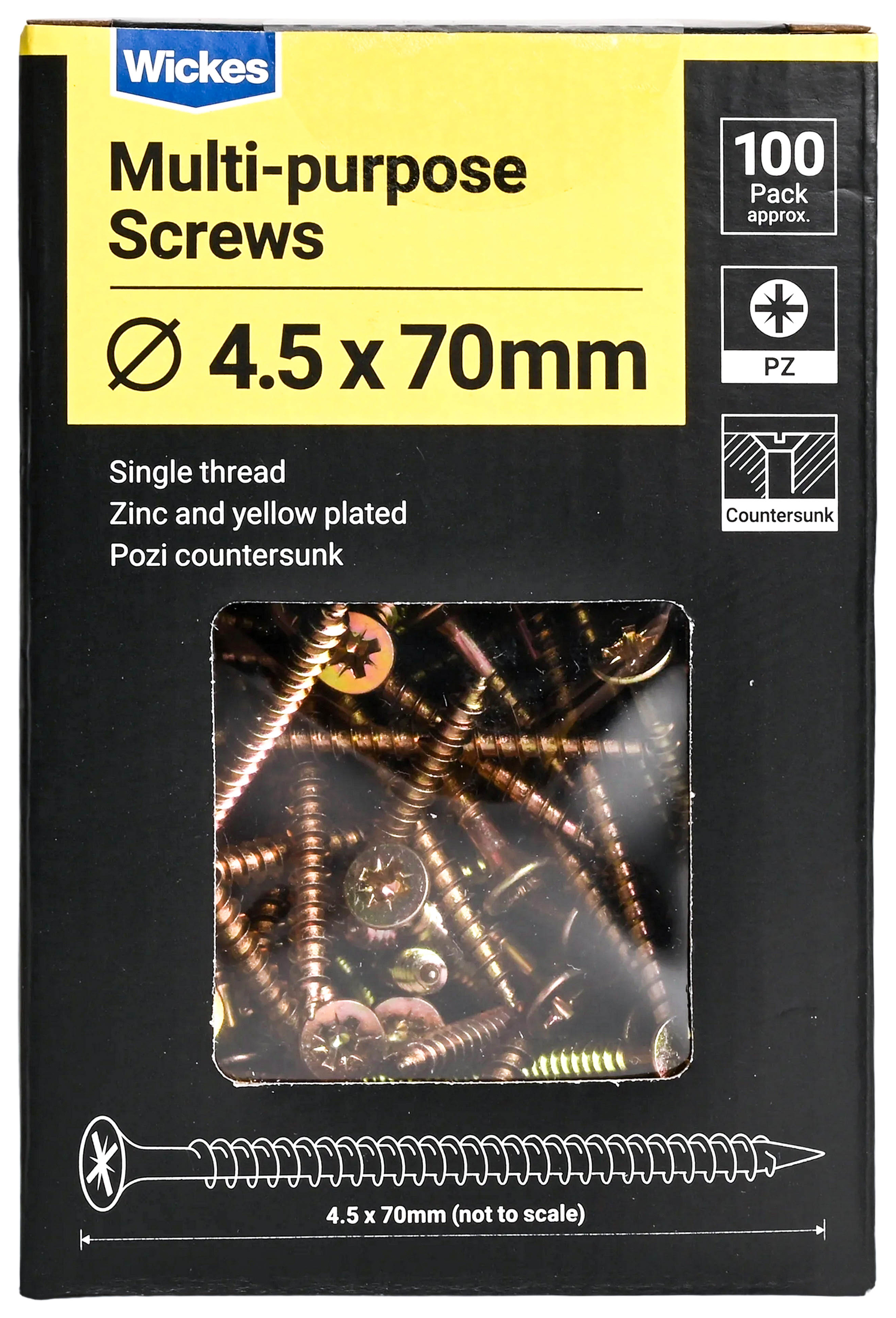 Wickes Single Thread Zinc & Yellow - 4.5 x 70mm - Pack of 100
