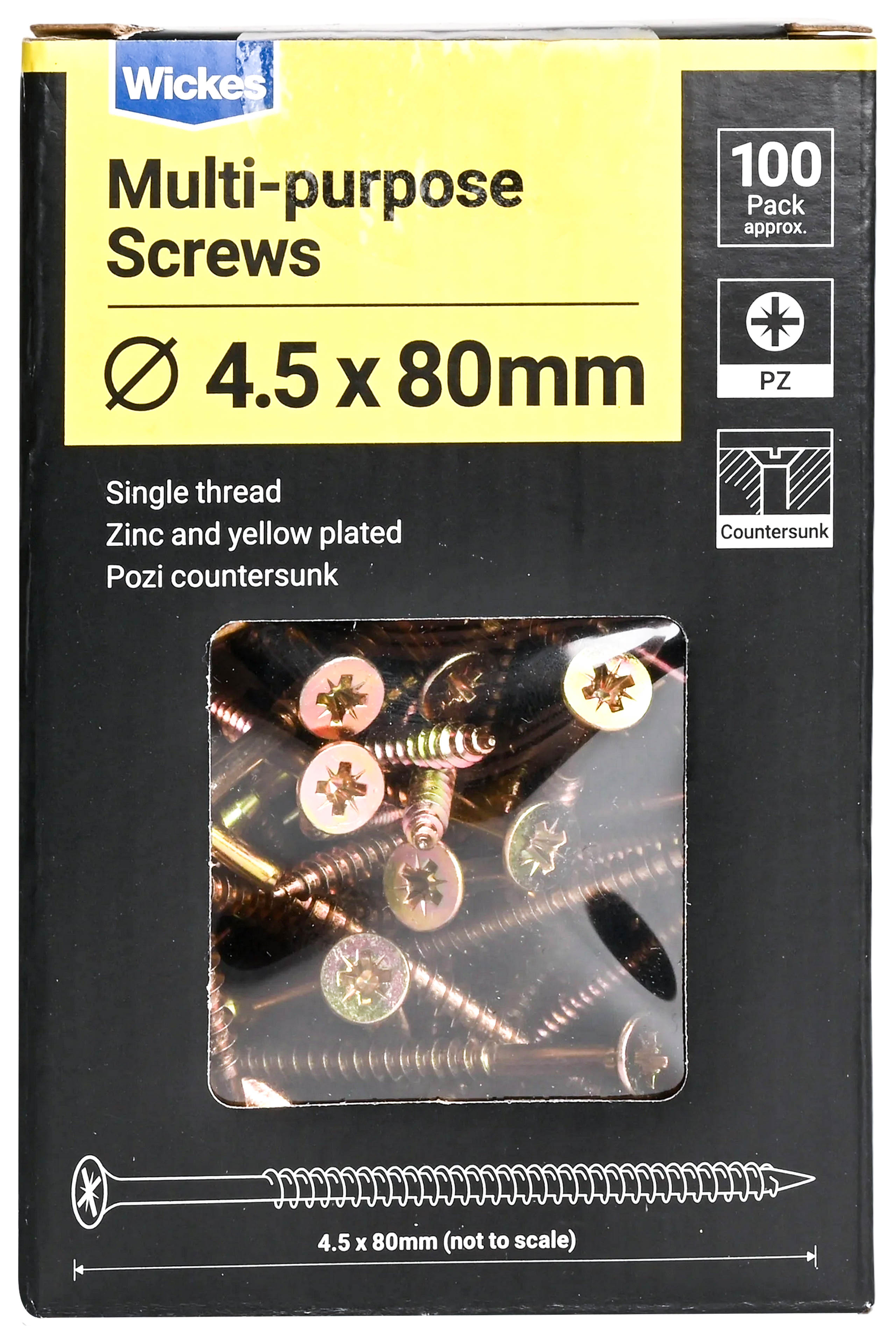 Wickes Single Thread Zinc & Yellow - 4.5 x 80mm - Pack of 100
