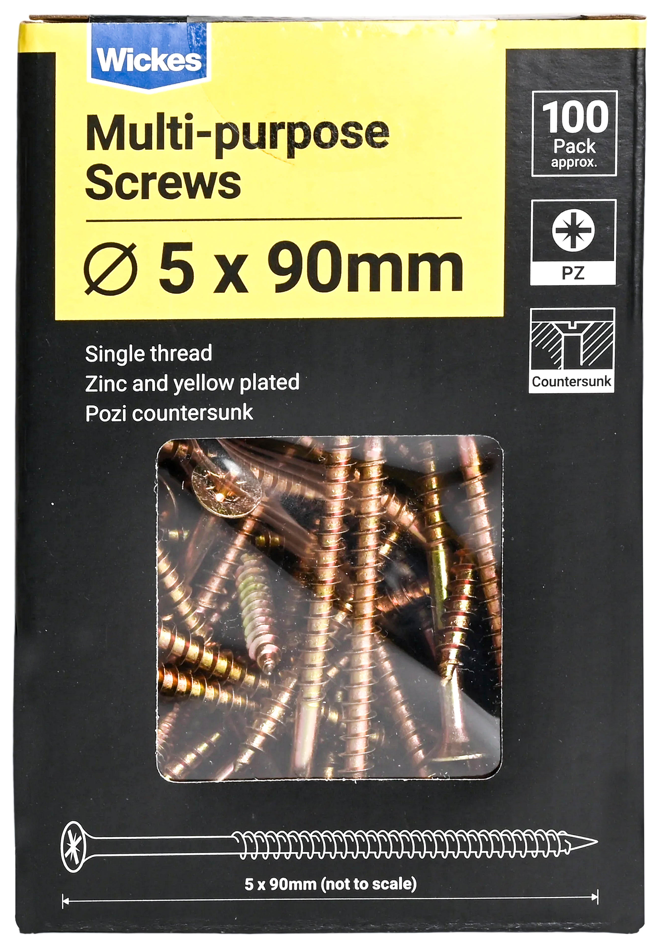 Wickes Single Thread Zinc & Yellow - 5.0 x 90mm - Pack of 100