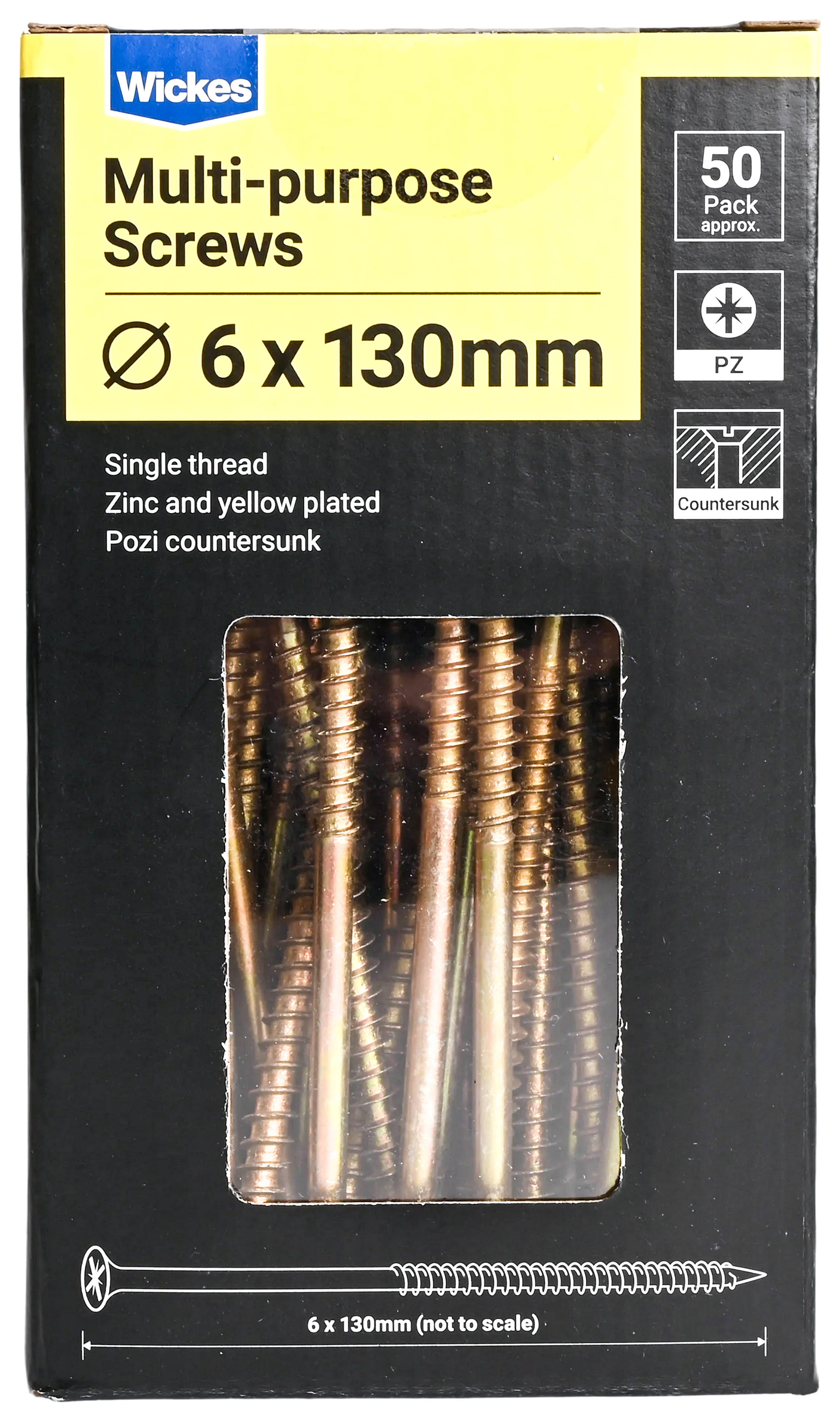 Wickes Single Thread Zinc & Yellow - 6 x 130mm - Pack of 50