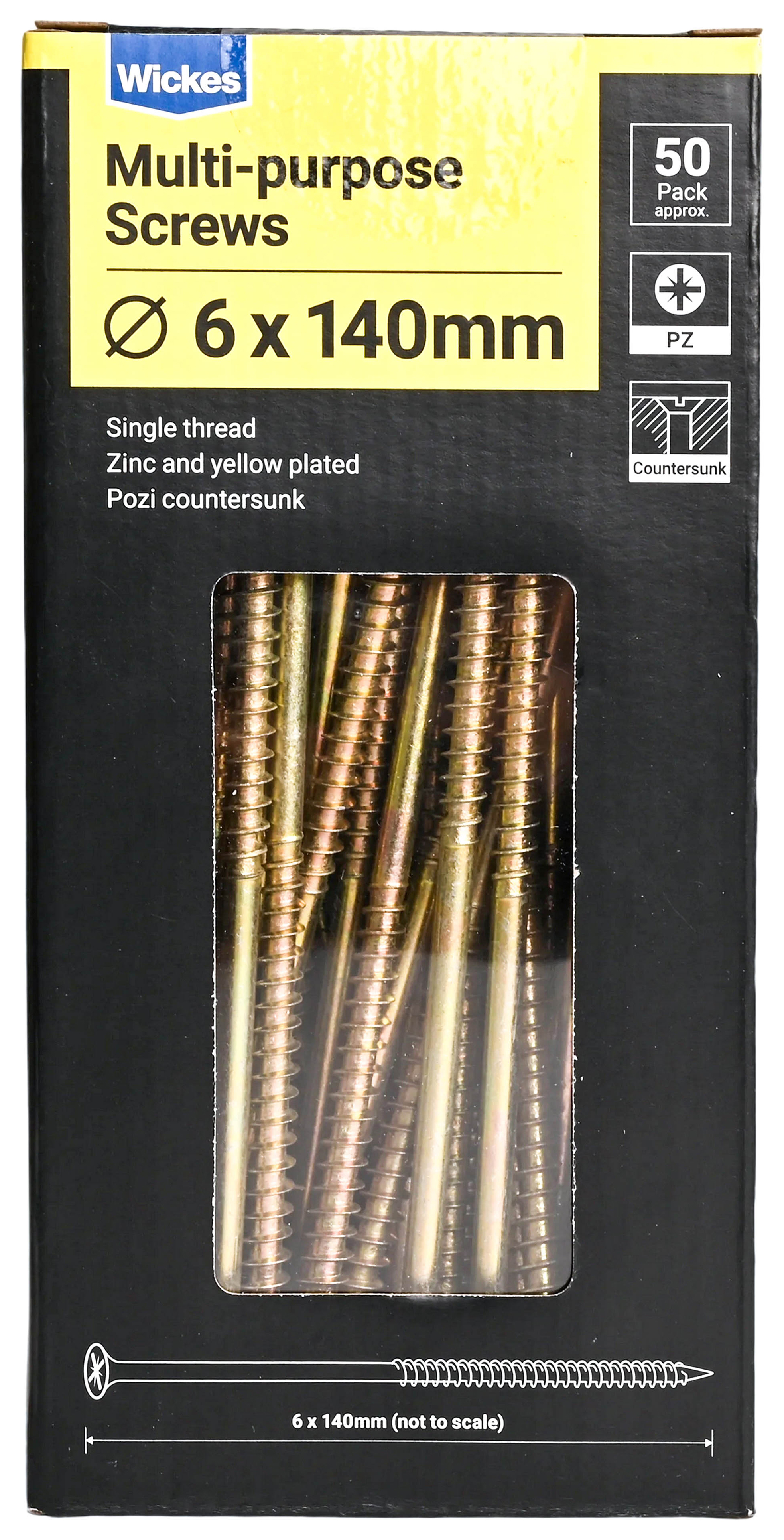 Wickes Single Thread Zinc & Yellow - 6 x 140mm - Pack of 50