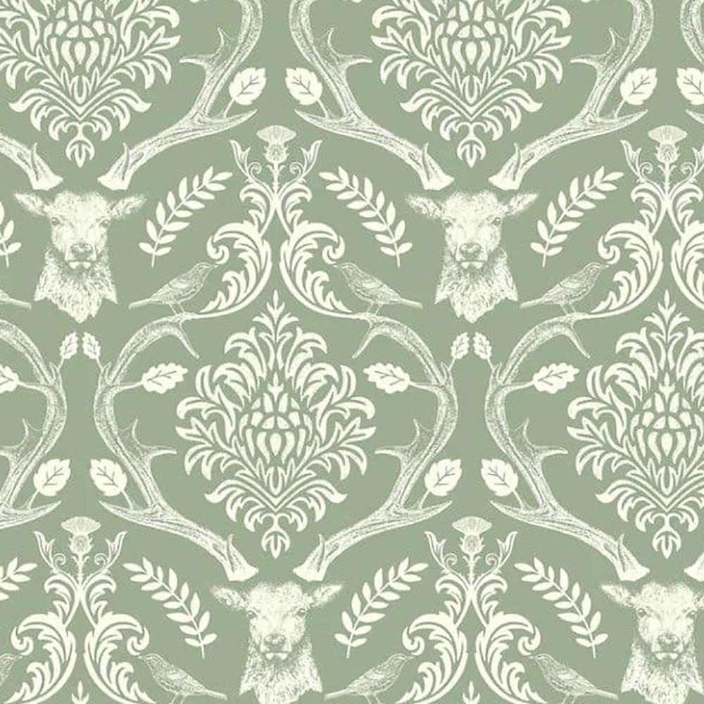 Arthouse Stag Damask Sage Green Wallpaper - 10.05m x 53cm