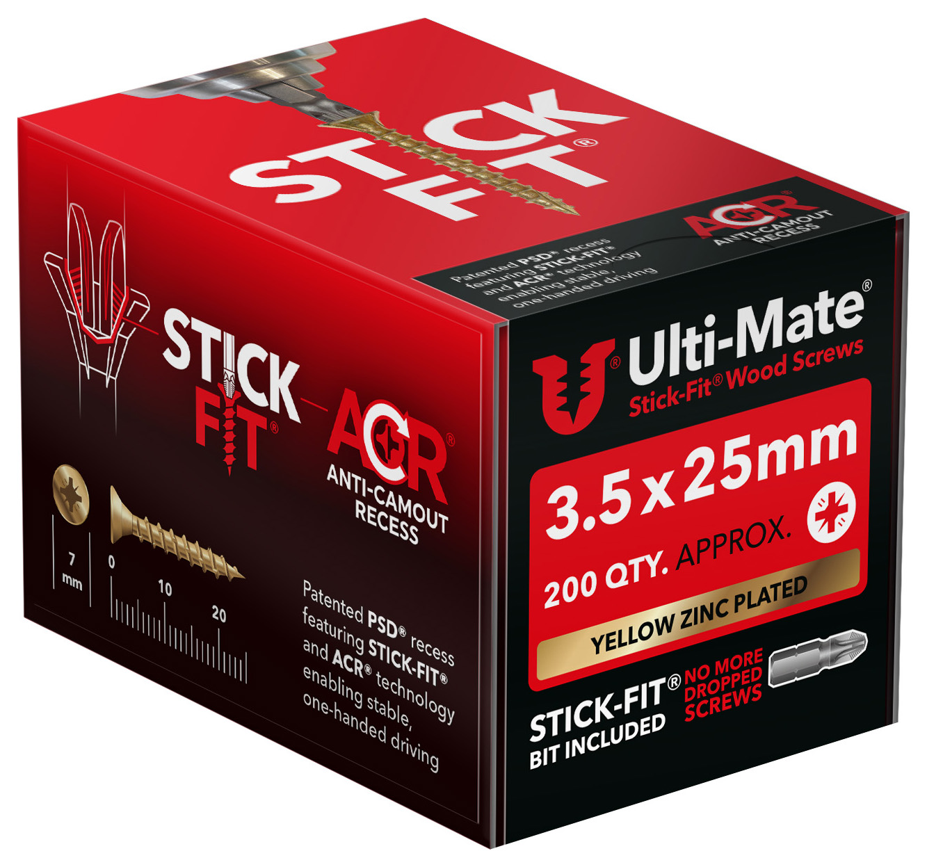 Ulti-Mate Stick-Fit Woodscrews - 3.5 x 25mm - Pack of 200