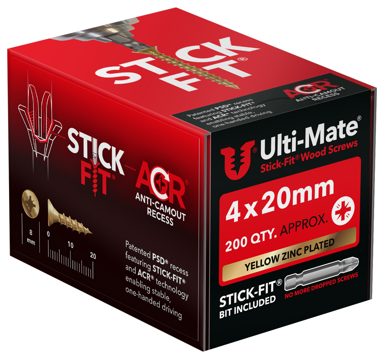 Ulti-Mate Stick-Fit Woodscrews - 4 x 20mm - Pack of 200