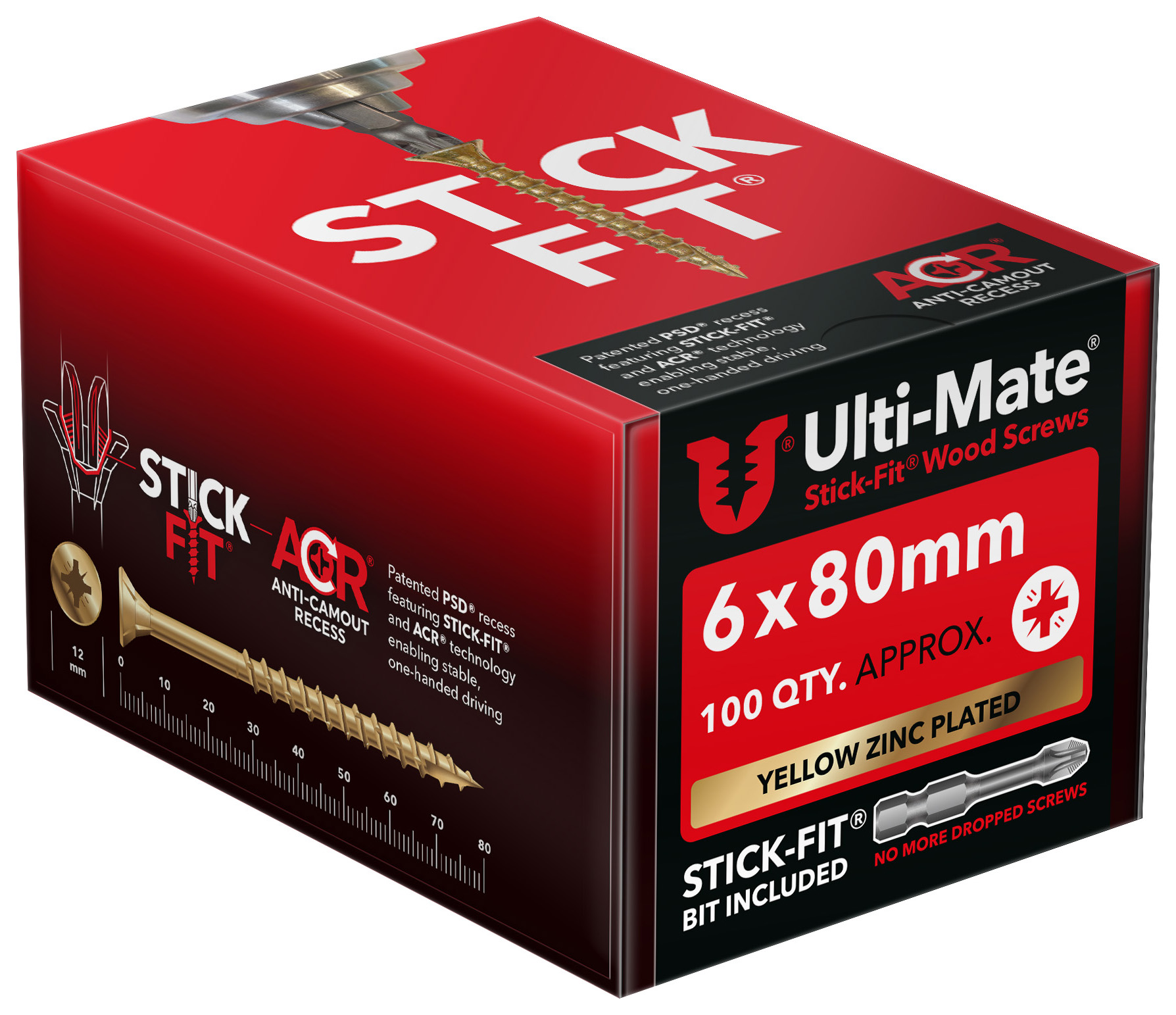 Ulti-Mate Stick-Fit Woodscrews - 6 x 80mm - Pack of 100