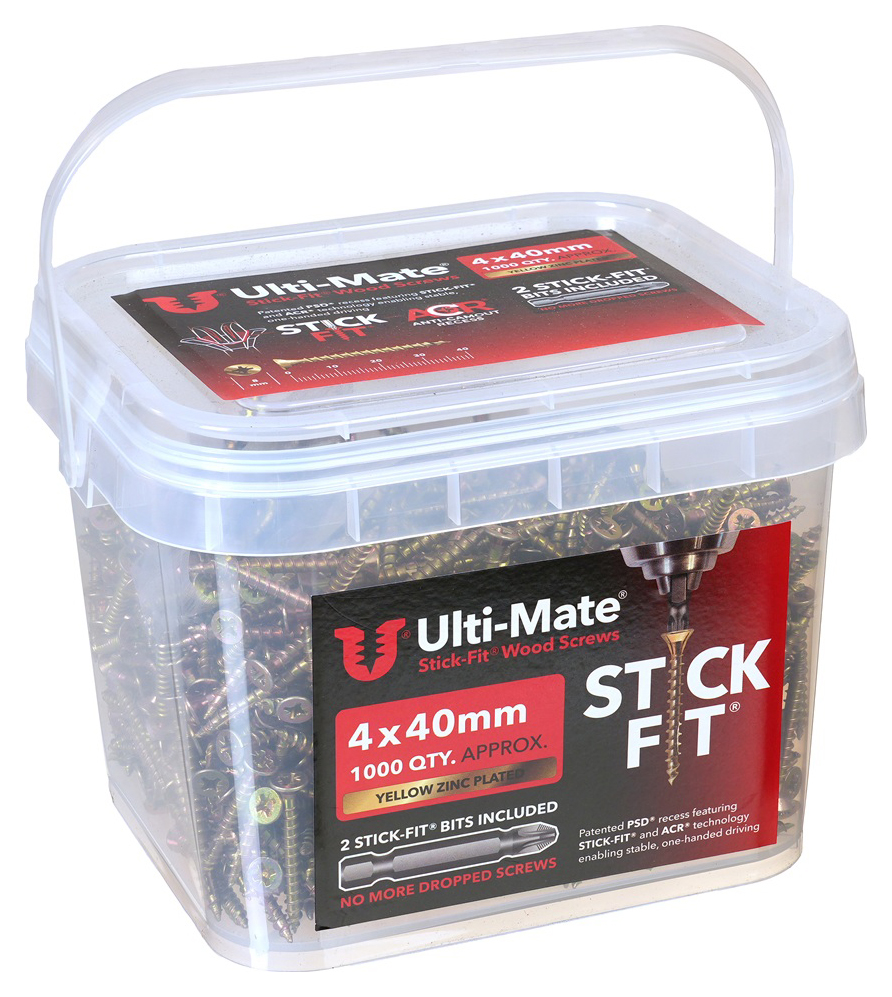 Ulti-Mate Stick-Fit Woodscrews Tub - 4 x 40mm - Pack of 1000