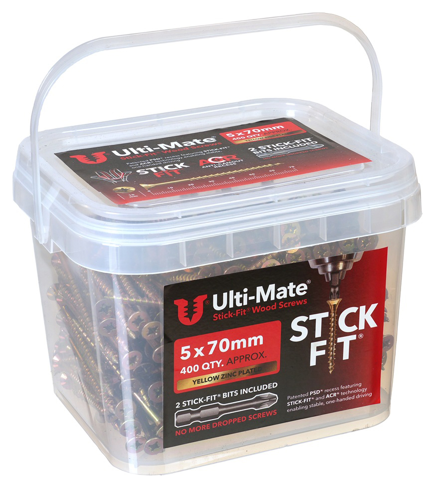 Ulti-Mate Stick-Fit Woodscrews Tub - 5 x 70mm - Pack of 400