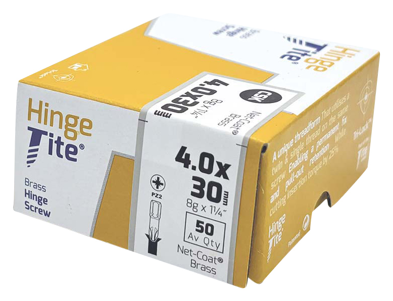 Hinge-Tite PZ Countersunk Brass Hinge Screw - 4 x 30mm - Pack of 50