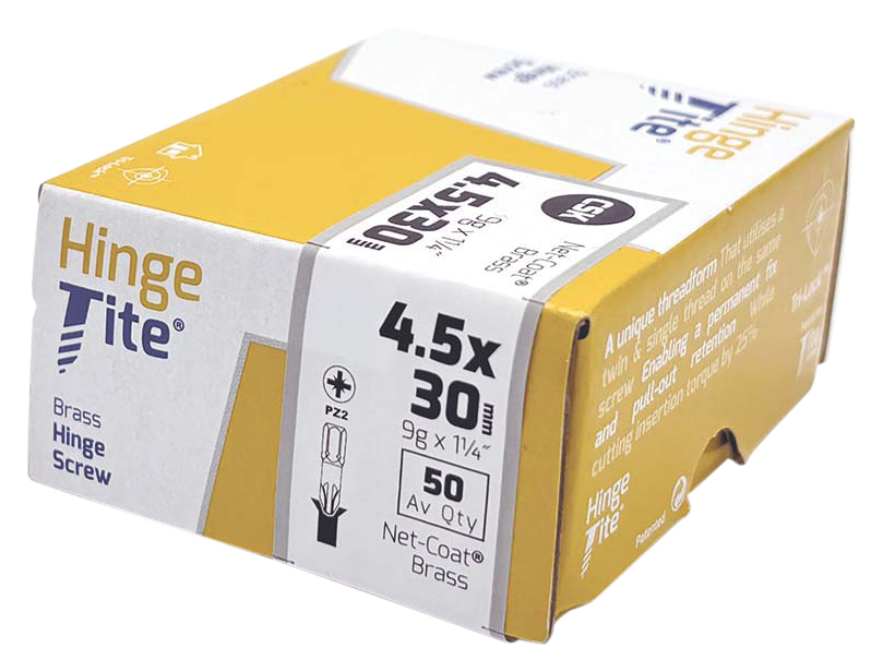 Hinge-Tite PZ Countersunk Brass Hinge Screw - 4.5 x 30mm - Pack of 50