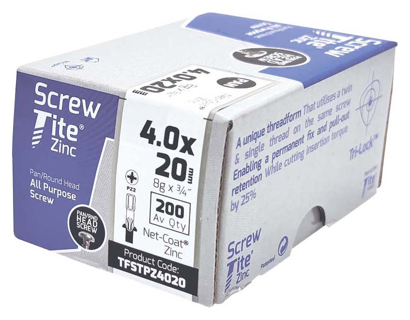 Screw-Tite PZ Pan Zinc Multi-Purpose Screw - 4 x 20mm - Pack of 200