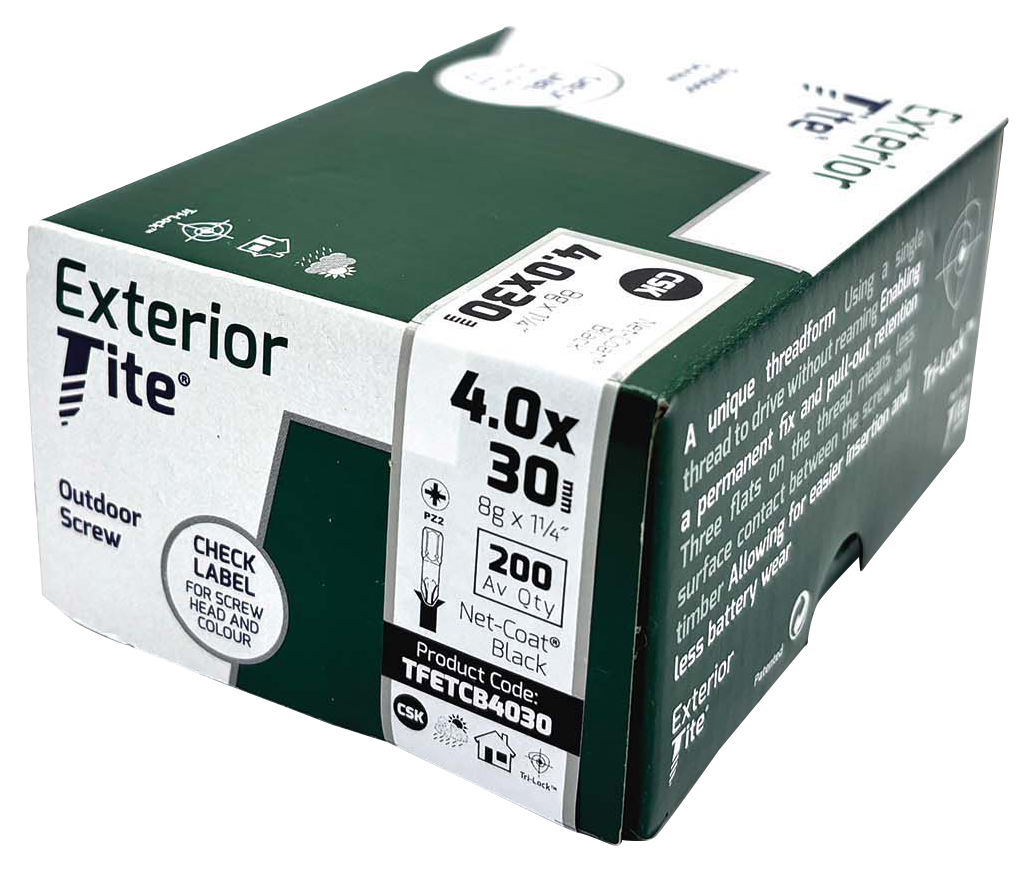 Exterior-Tite PZ Countersunk Black Net-Coat Outdoor Screw - 4 x 30mm - Pack of 200