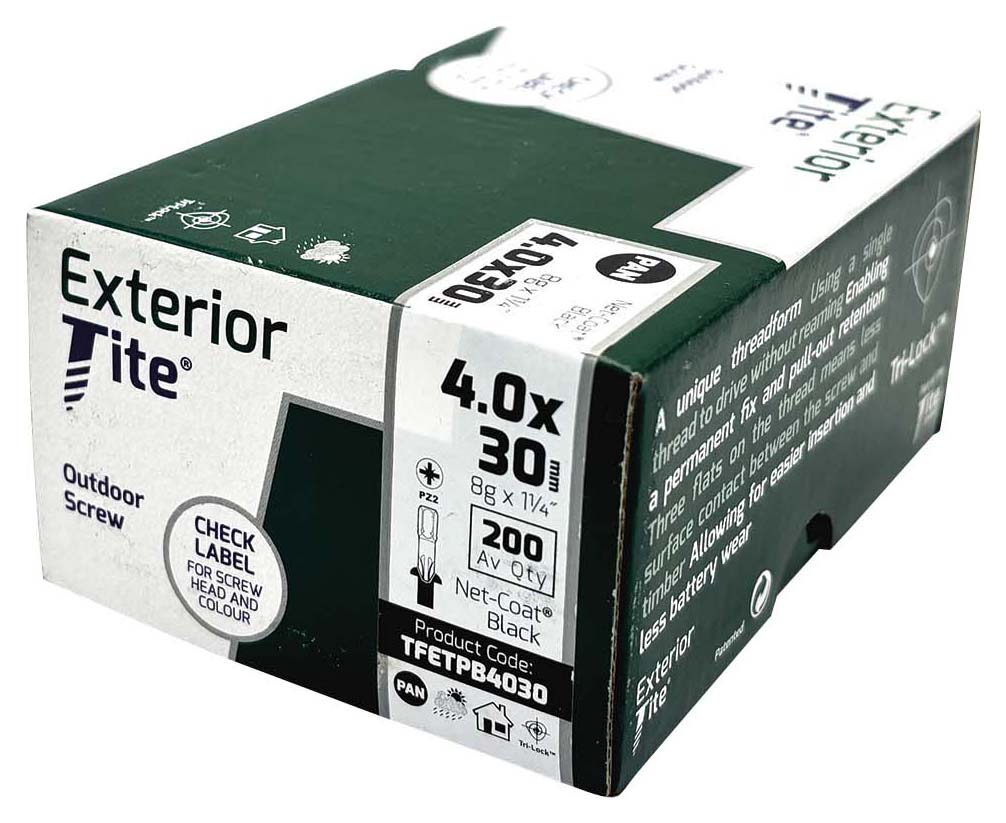 Exterior-Tite PZ Pan Black Net-Coat Outdoor Screw - 4 x 30mm - Pack of 200