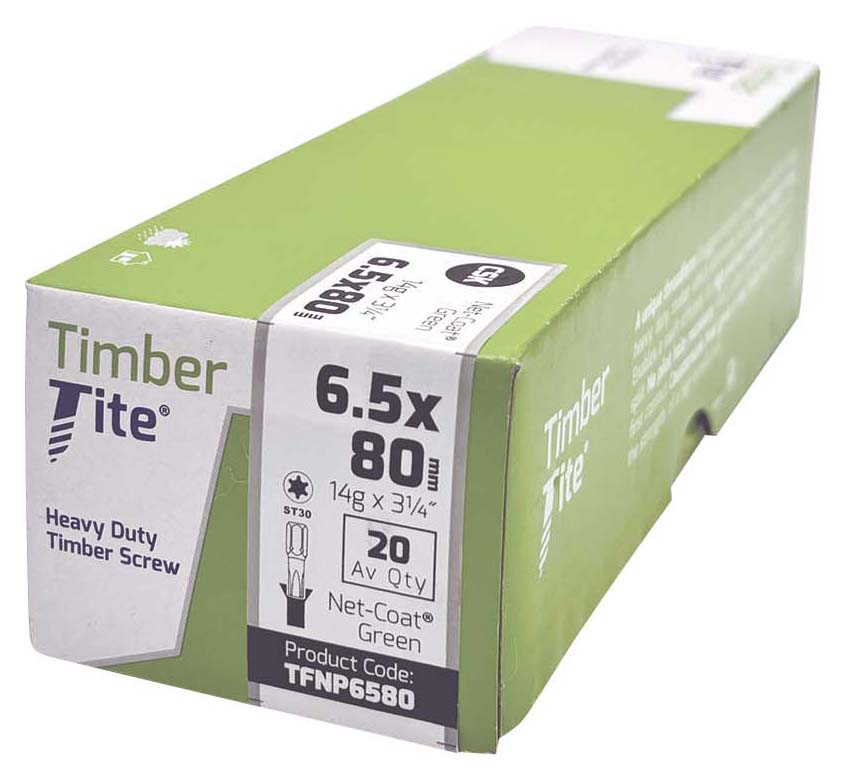 Timber-Tite TX Countersunk Green Net-Coat Joist Screw - 6.5 x 80mm - Pack of 20