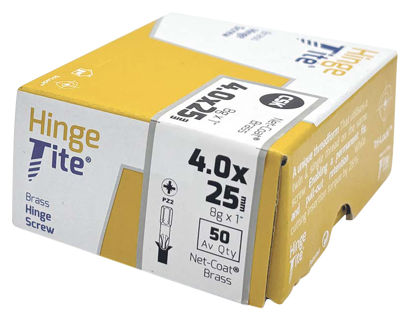 Hinge-Tite PZ Countersunk Brass Hinge Screw - 4 x 25mm - Pack of 50