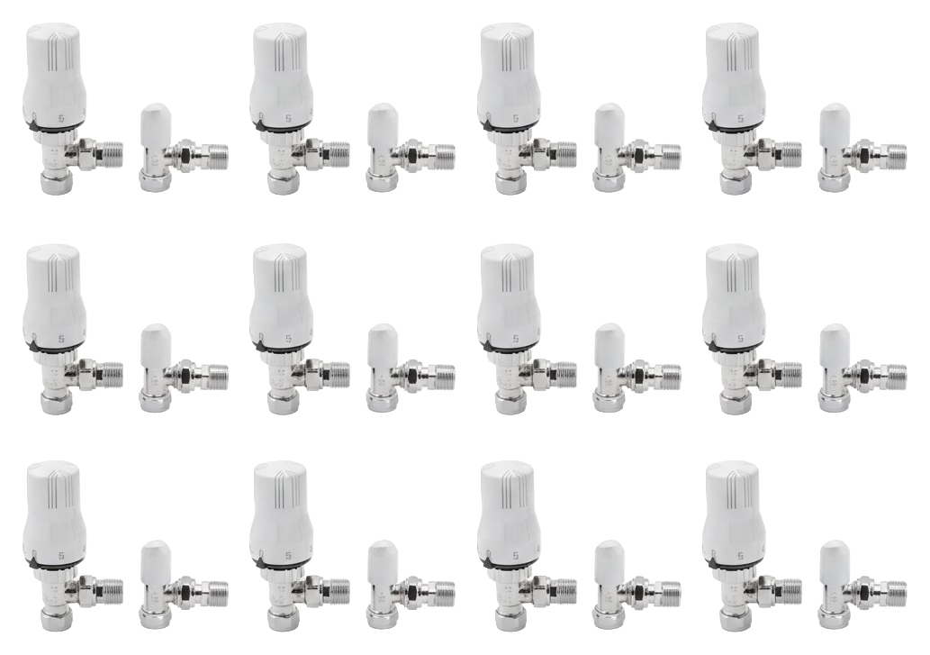 PRO Classic White & Chrome Angled Thermostatic Radiator Valve & Lockshield 15mm - Pack of 12